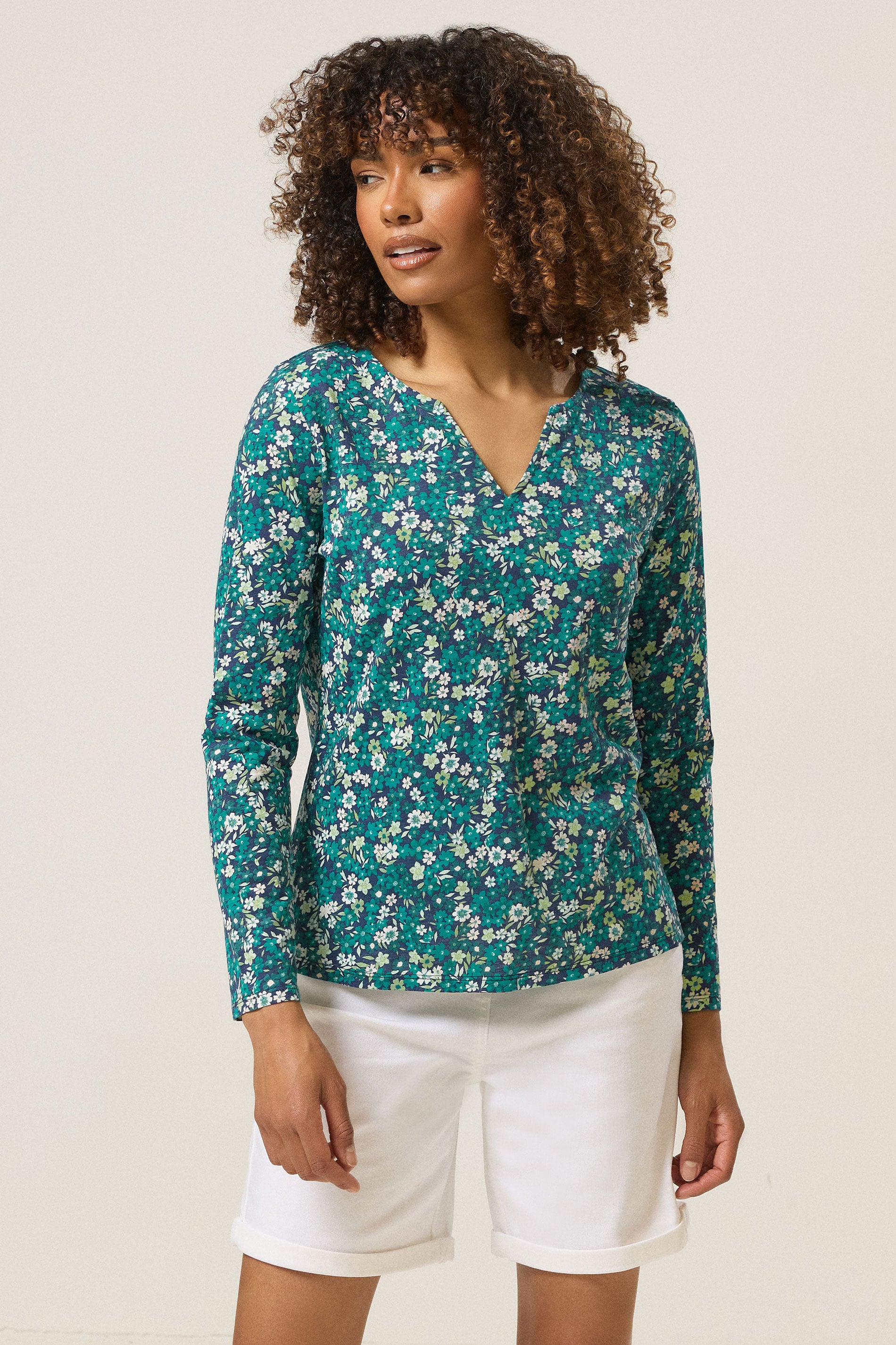 M&Co 2 Pack Light Green & Floral Print Cotton Notch Neck T-Shirts | M&Co 1