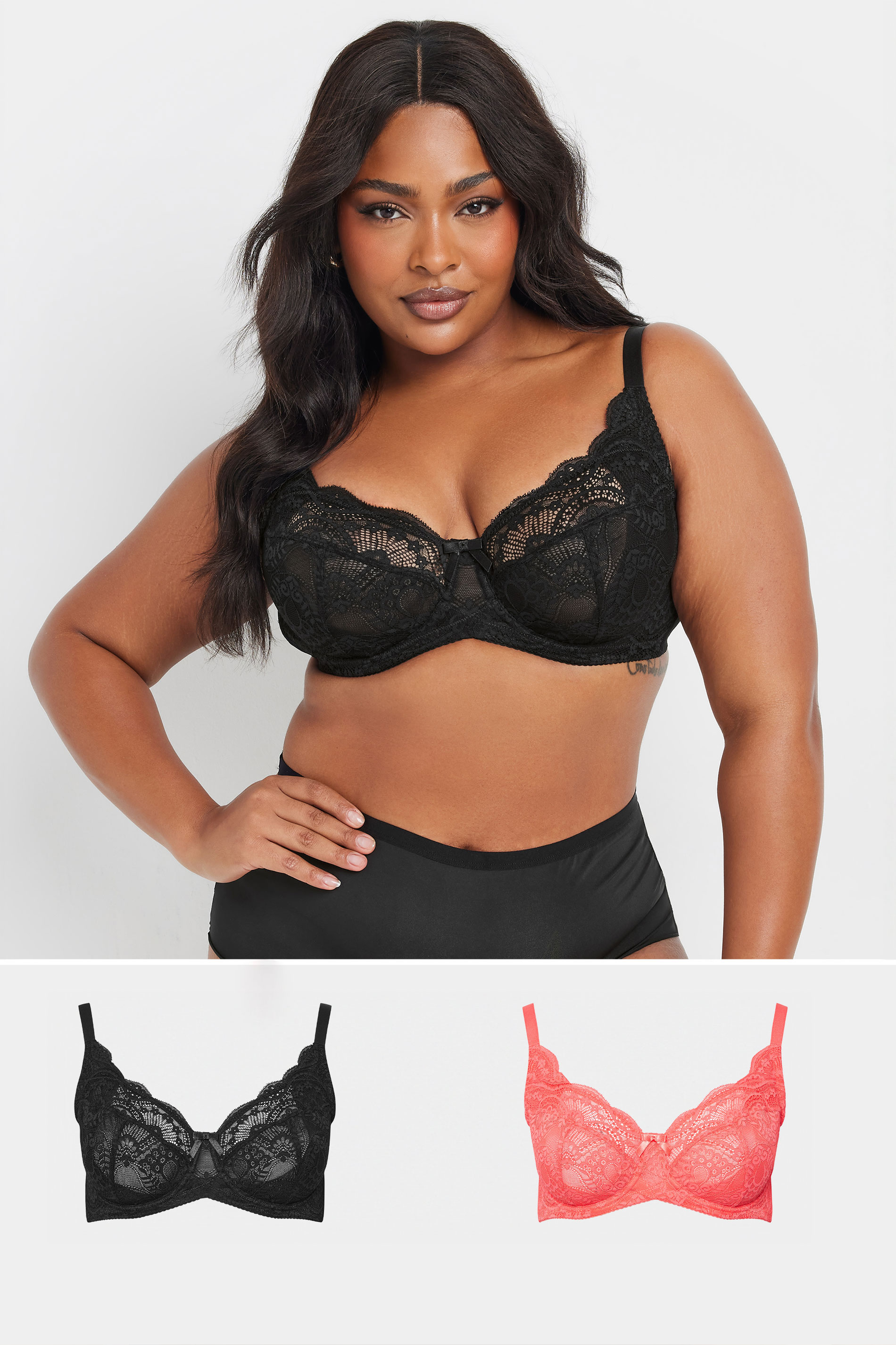 YOURSET 2 PACK Plus Size Black & Pink Lace Underwired Bras | Yours Clothing 1