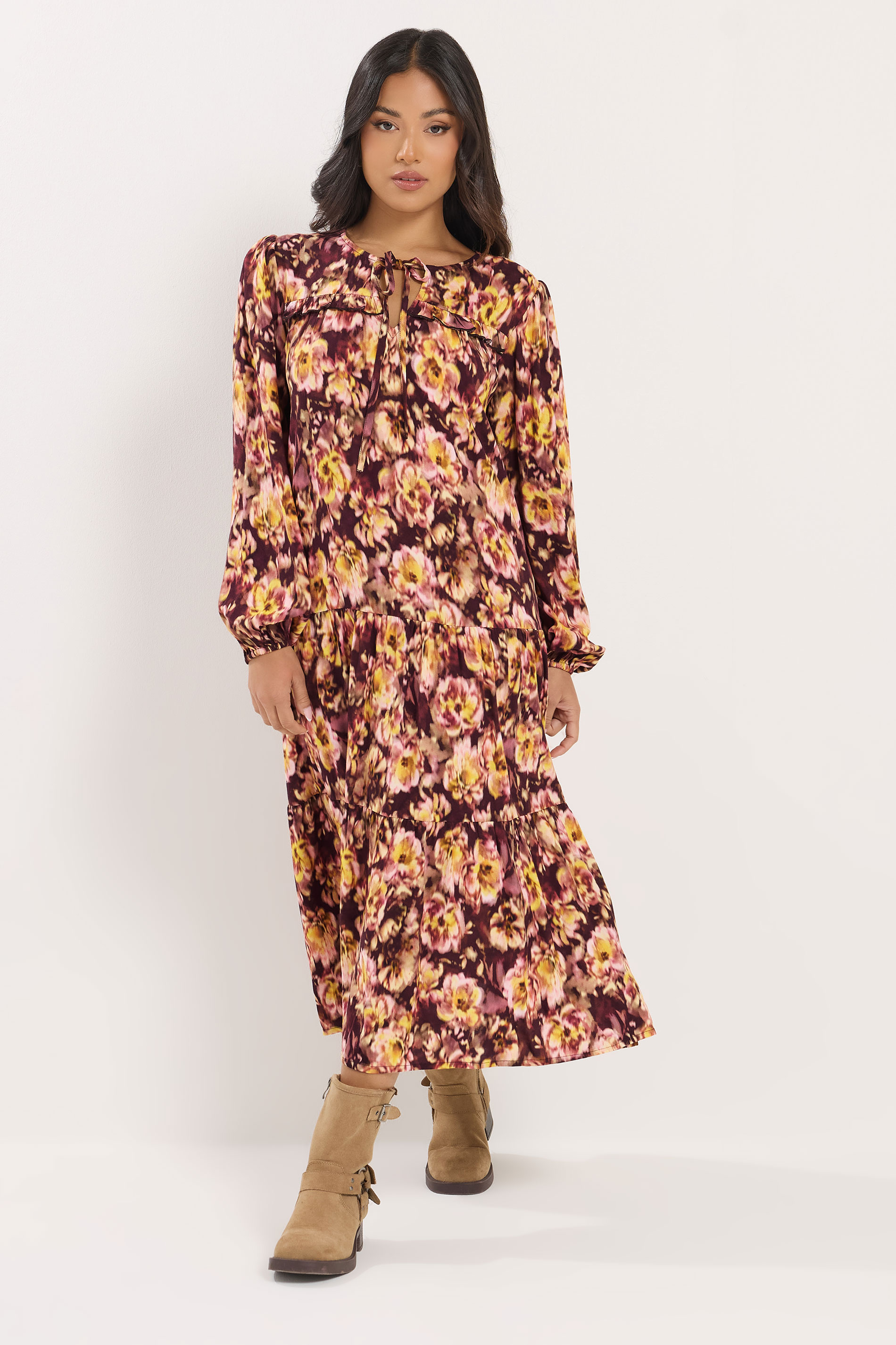 PixieGirl Petite Womens Brown Blurred Floral Ruffle Dress | PixieGirl 1