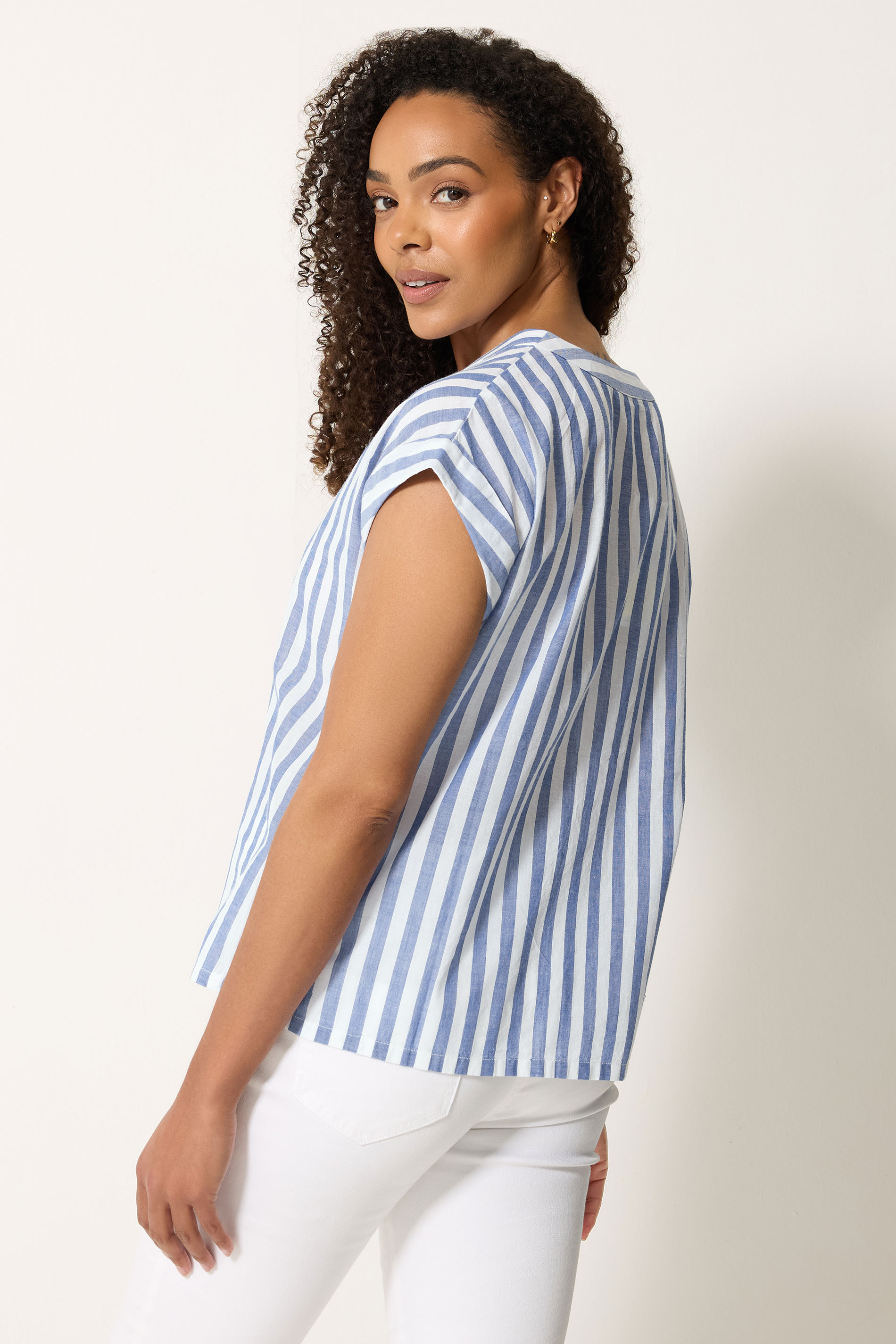 M&Co Blue Stripe Cotton Button Blouse | M&Co 2