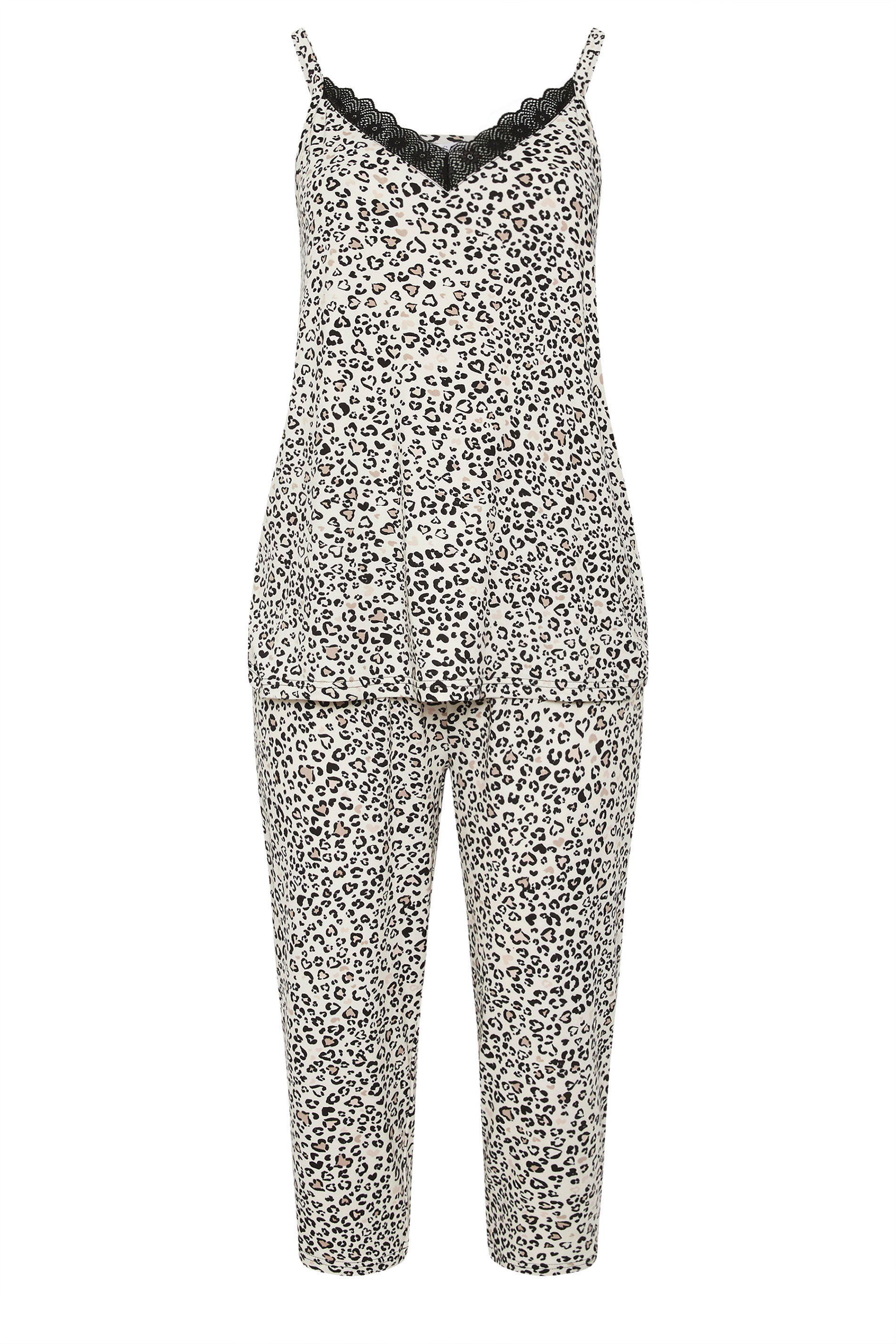 YOURS Plus Size Ivory White Leopard Soft Touch Cropped Pyjama Set | Yours Clothing 5