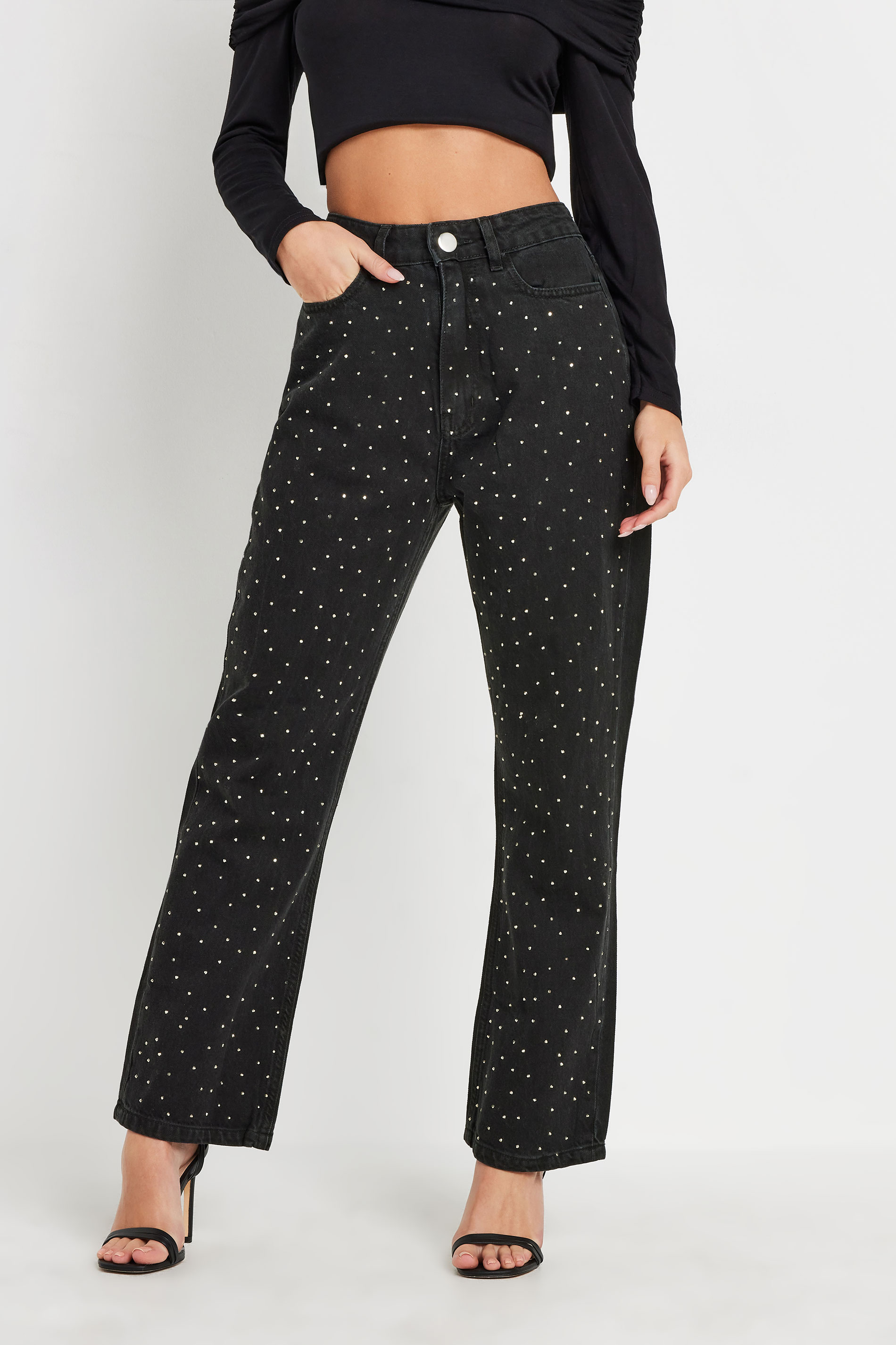 PixieGirl Petite Women's Black Studded Straight Leg Jeans | PixieGirl 1