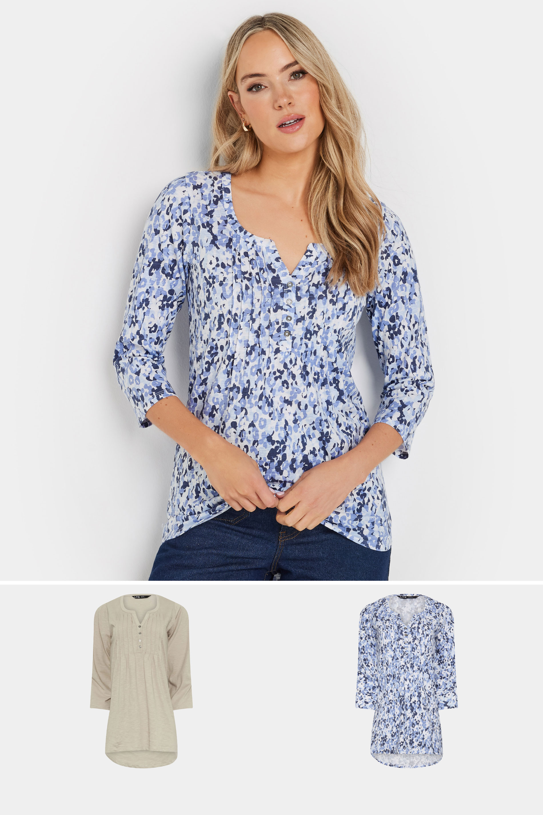 LTS Tall 2 PACK Beige Brown & Blue Cotton Henley Tops | Long Tall Sally 1