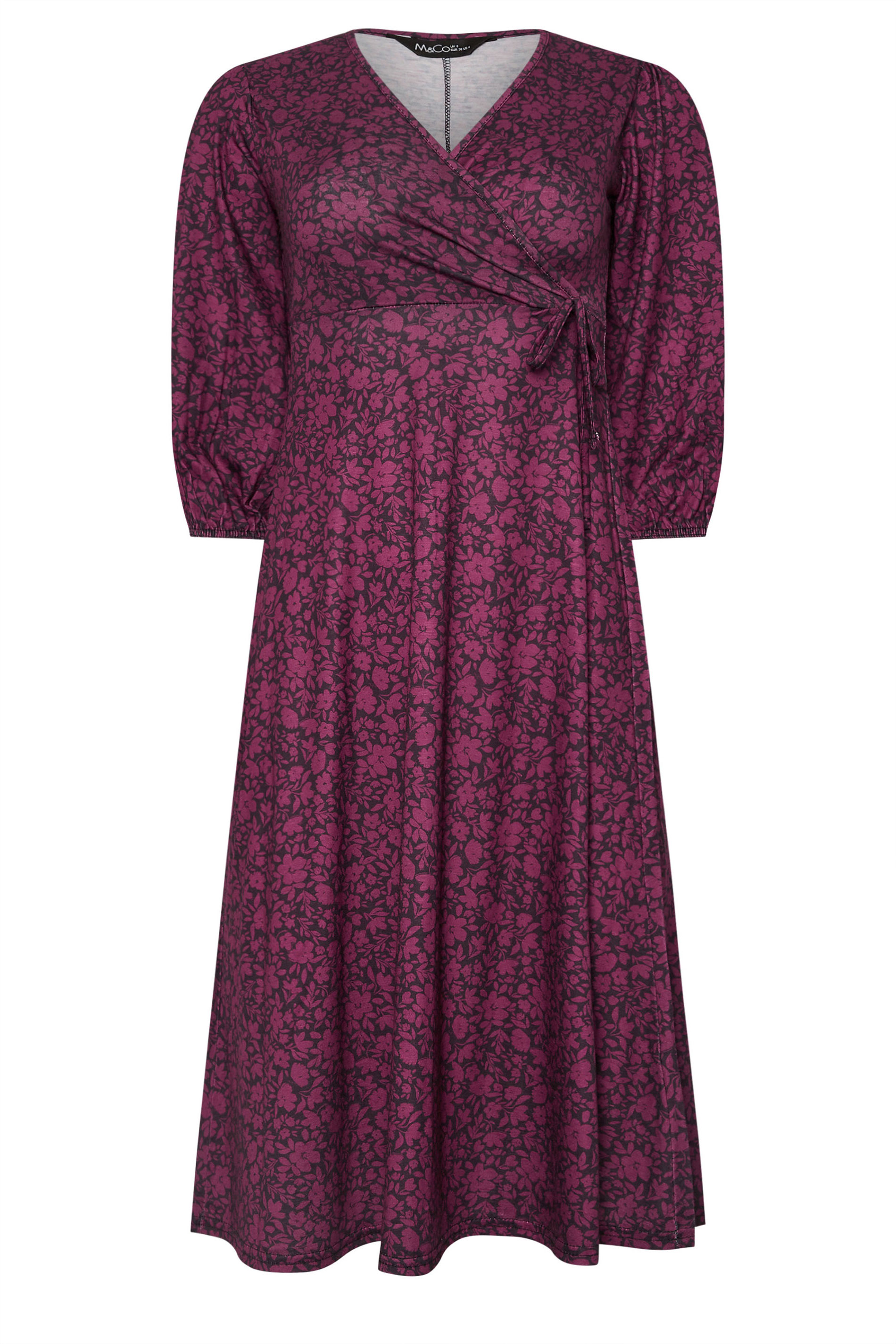 M&Co Petite Berry Red 3/4 Sleeve Floral Wrap Dress | M&Co 5
