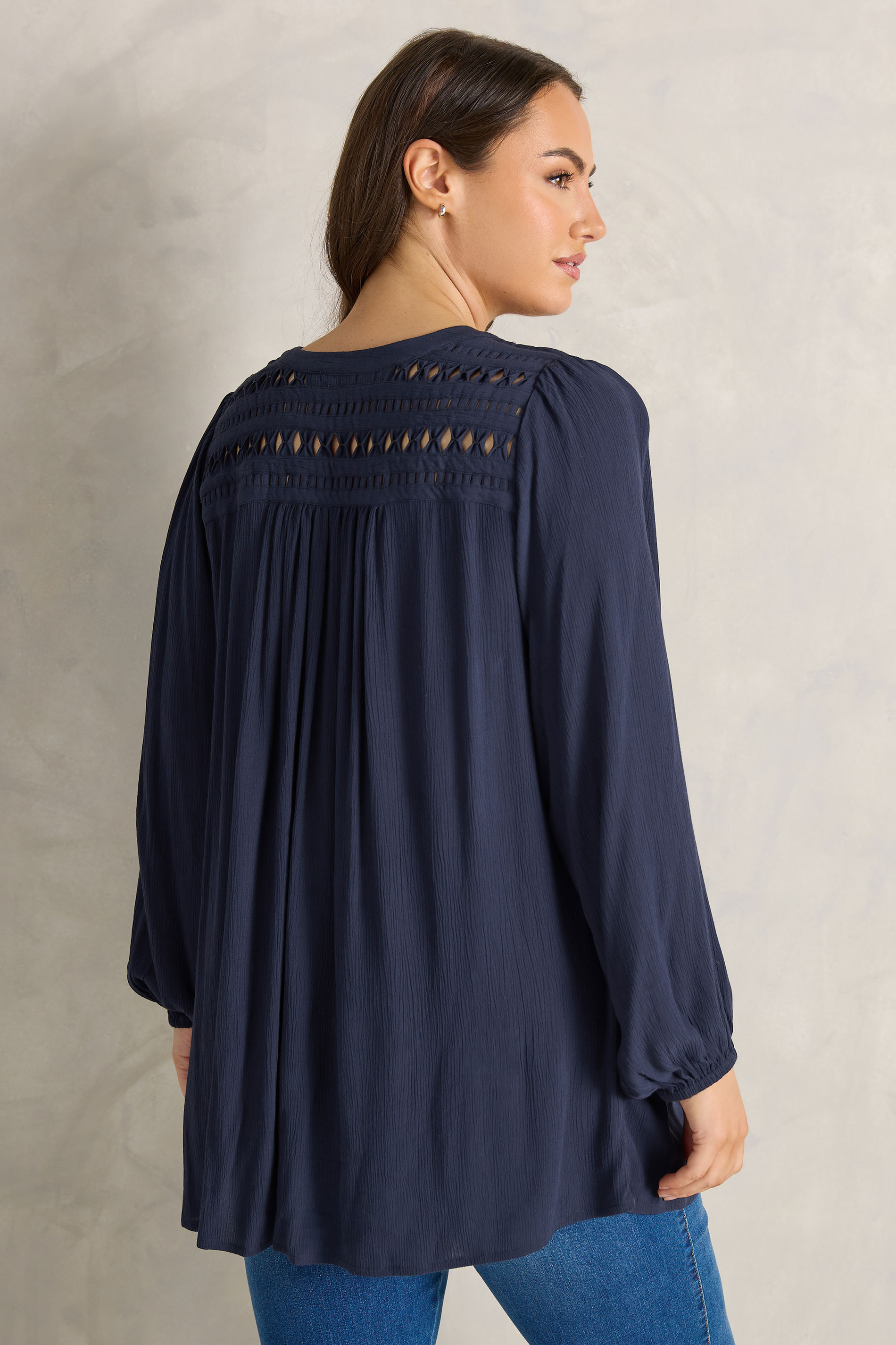 EVANS Plus Size Navy Blue Long Sleeve Macrame Blouse | Evans 4