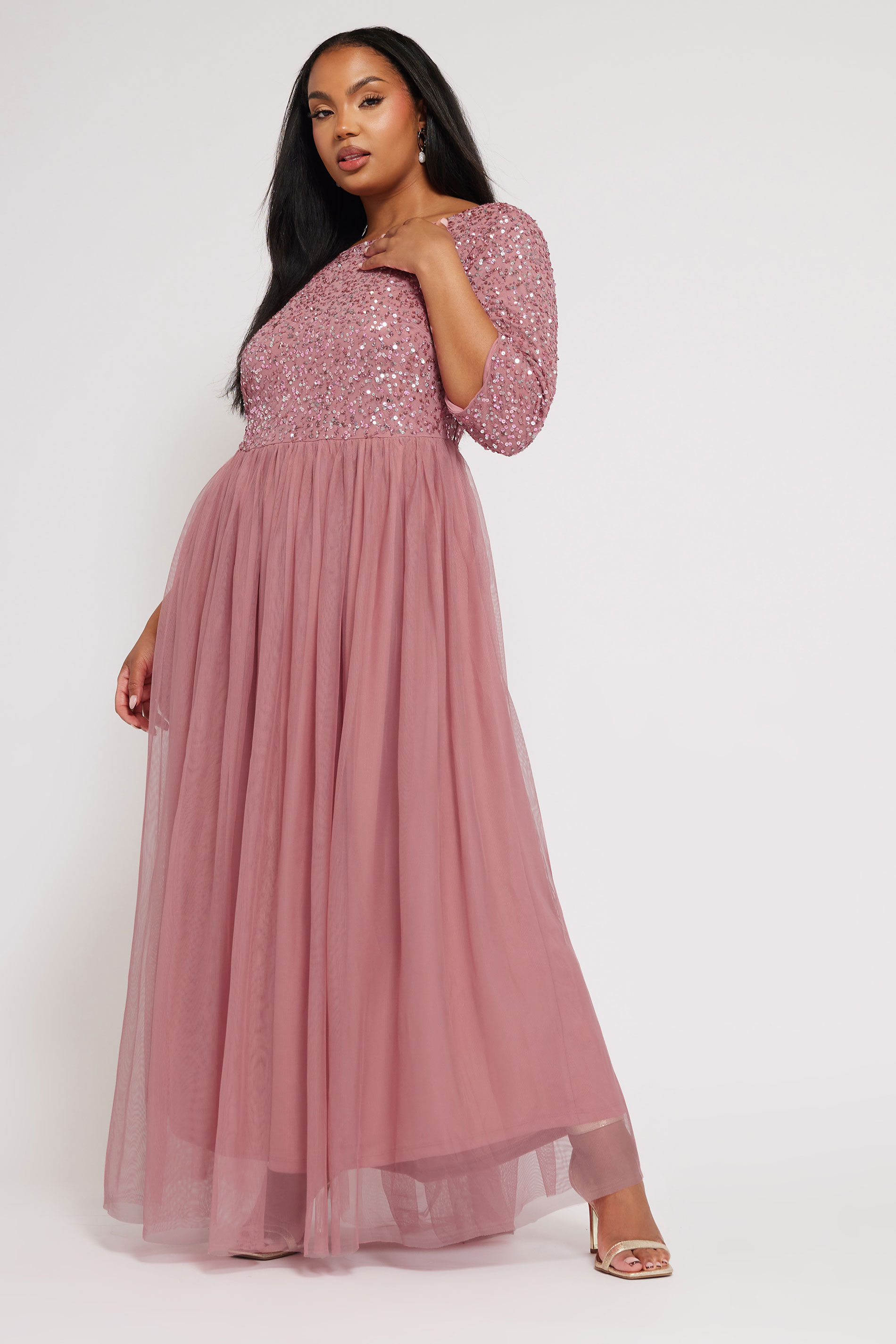 LUXE Plus Size Dark Pink Sequin Hand Embellished Maxi Dress | Yours Clothing  1