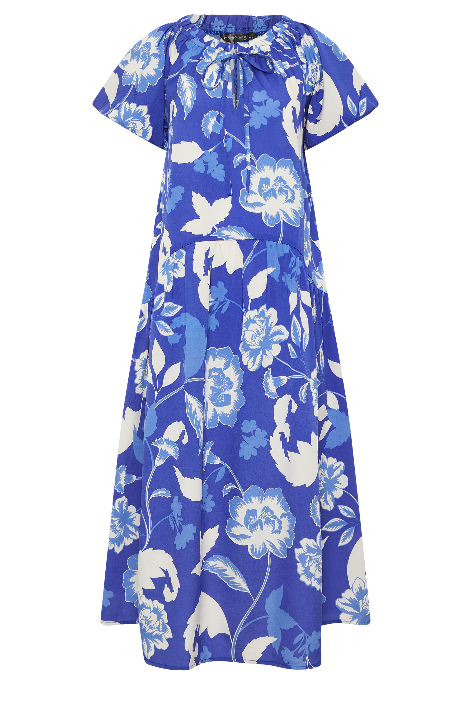 PixieGirl Petite Women's Blue Floral Tie Neck Midi Dress | PixieGirl 6
