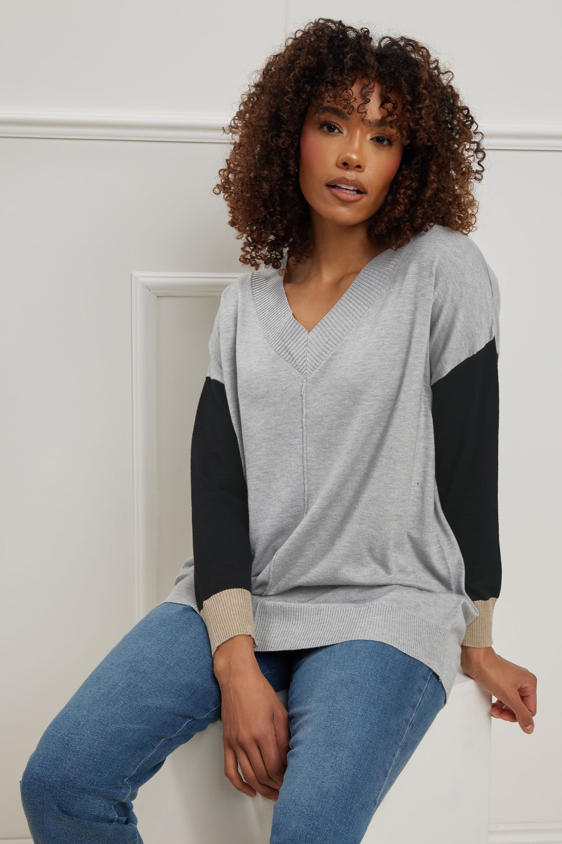 M&Co Grey Colourblock V-Neck Jumper | M&Co 3