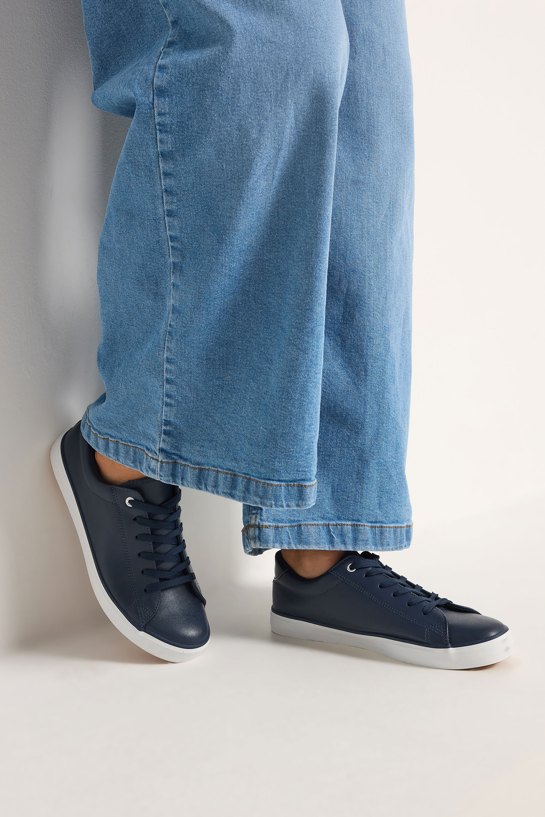 Navy Blue Faux Leather Lace Up Trainers In Extra Wide EEE Fit | Yours Clothing 3