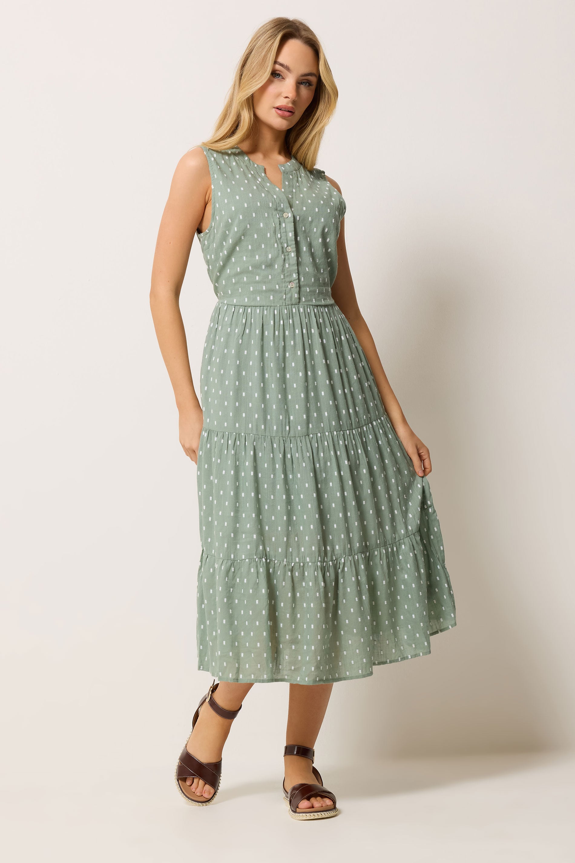 M&Co Sage Green Dobby Sleeveless Cotton Midi Dress | M&Co 2
