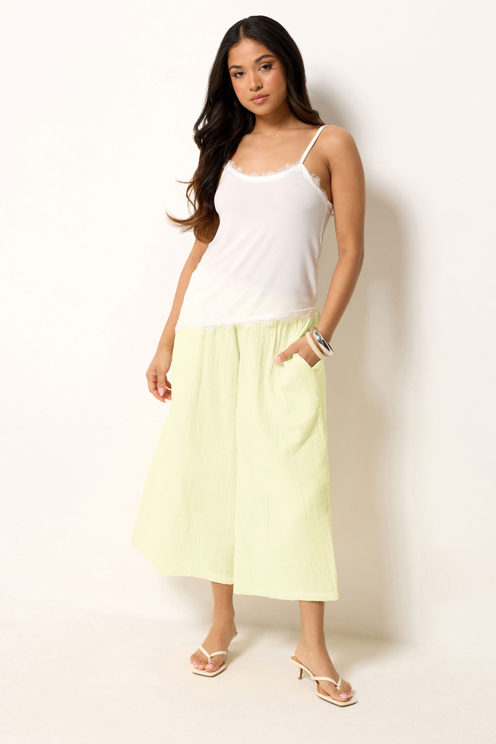 PixieGirl Petite Women's Lemon Yellow Cotton Cheesecloth Cropped Wide Leg Trousers | PixieGirl 3