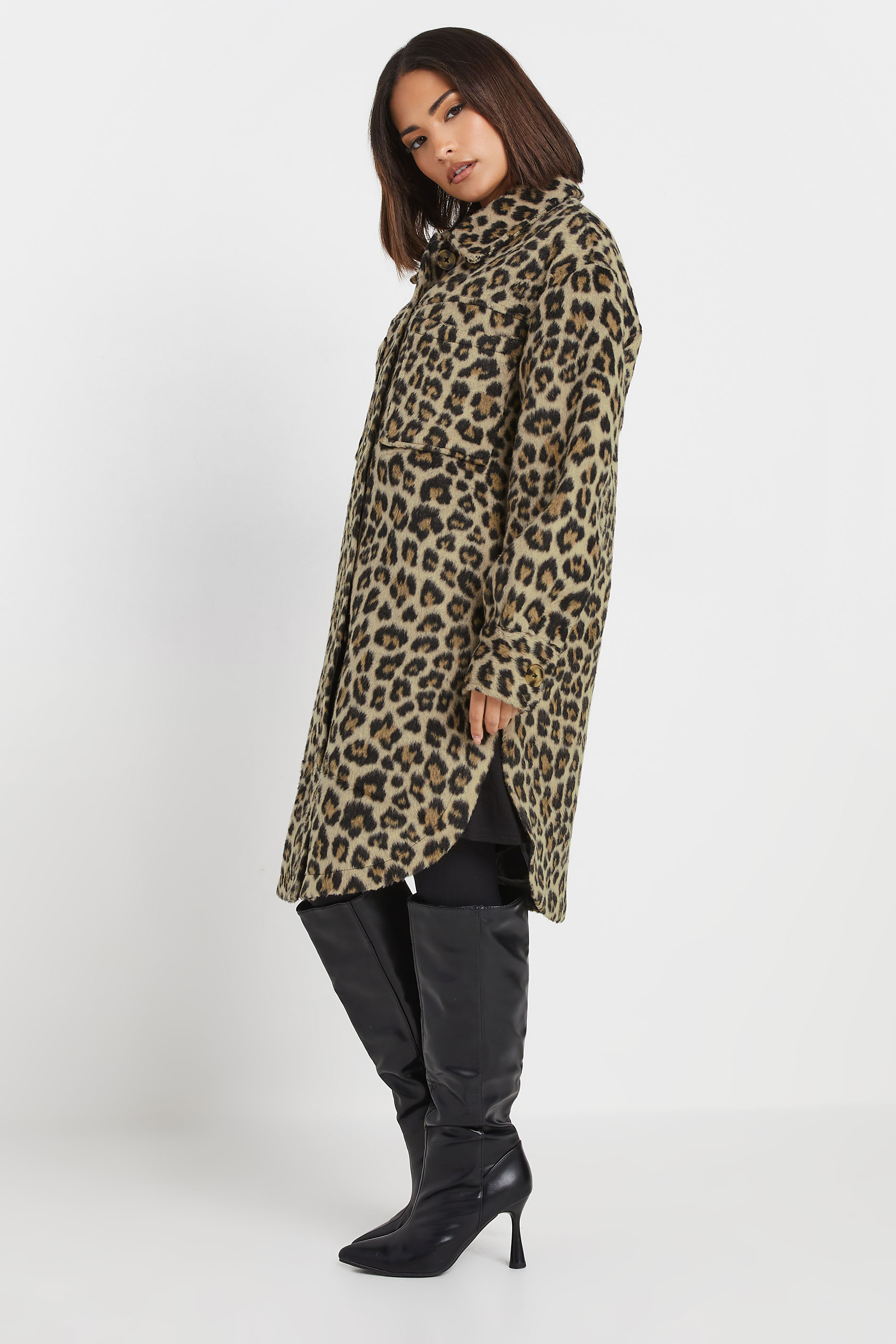 PixieGirl Petite Women's Beige Brown Leopard Print Longline Shacket | PixieGirl 2