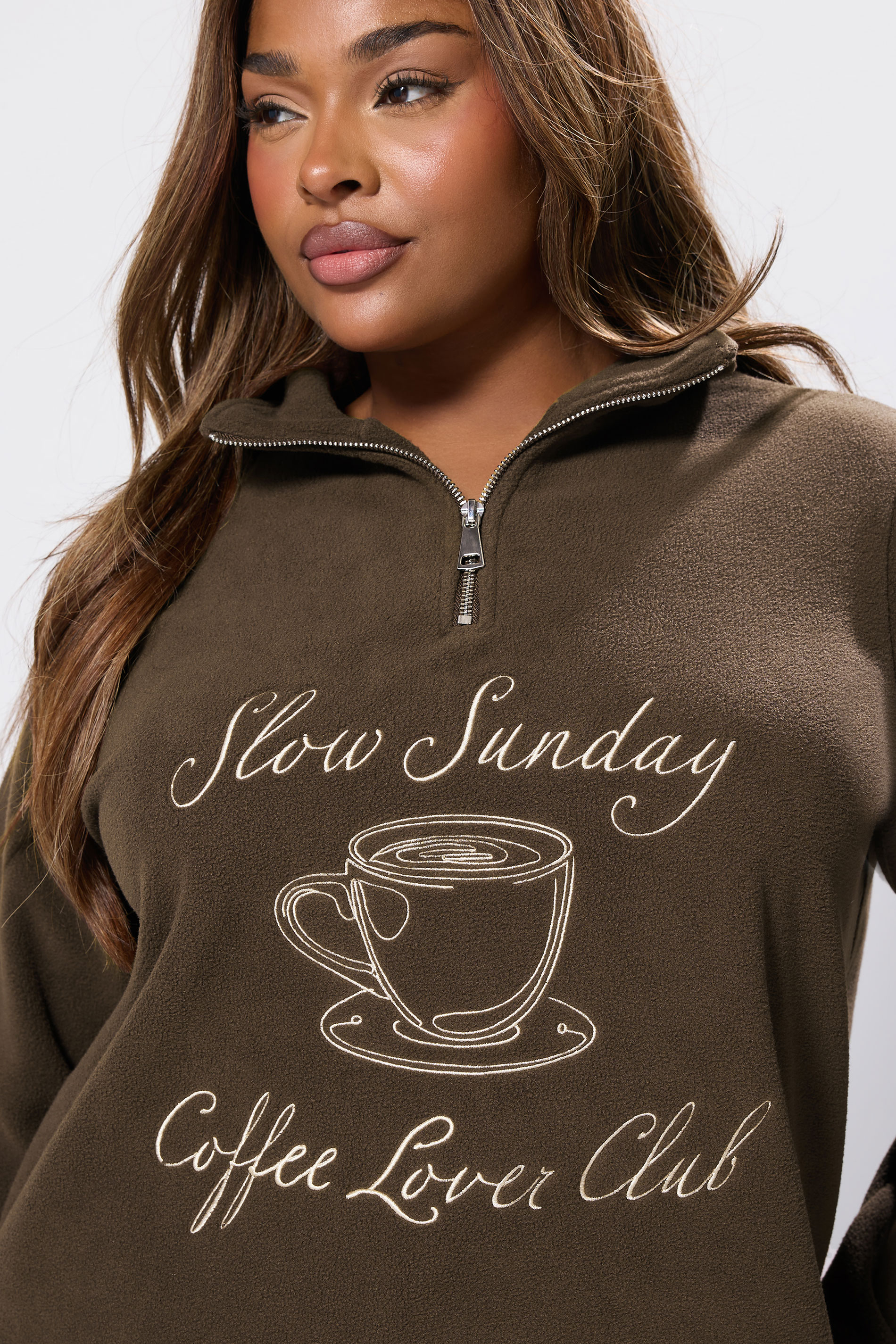 YOURS Plus Size Chocolate Brown 'Coffee Lover Club' Quarter Zip Fleece | Yours Clothing 5
