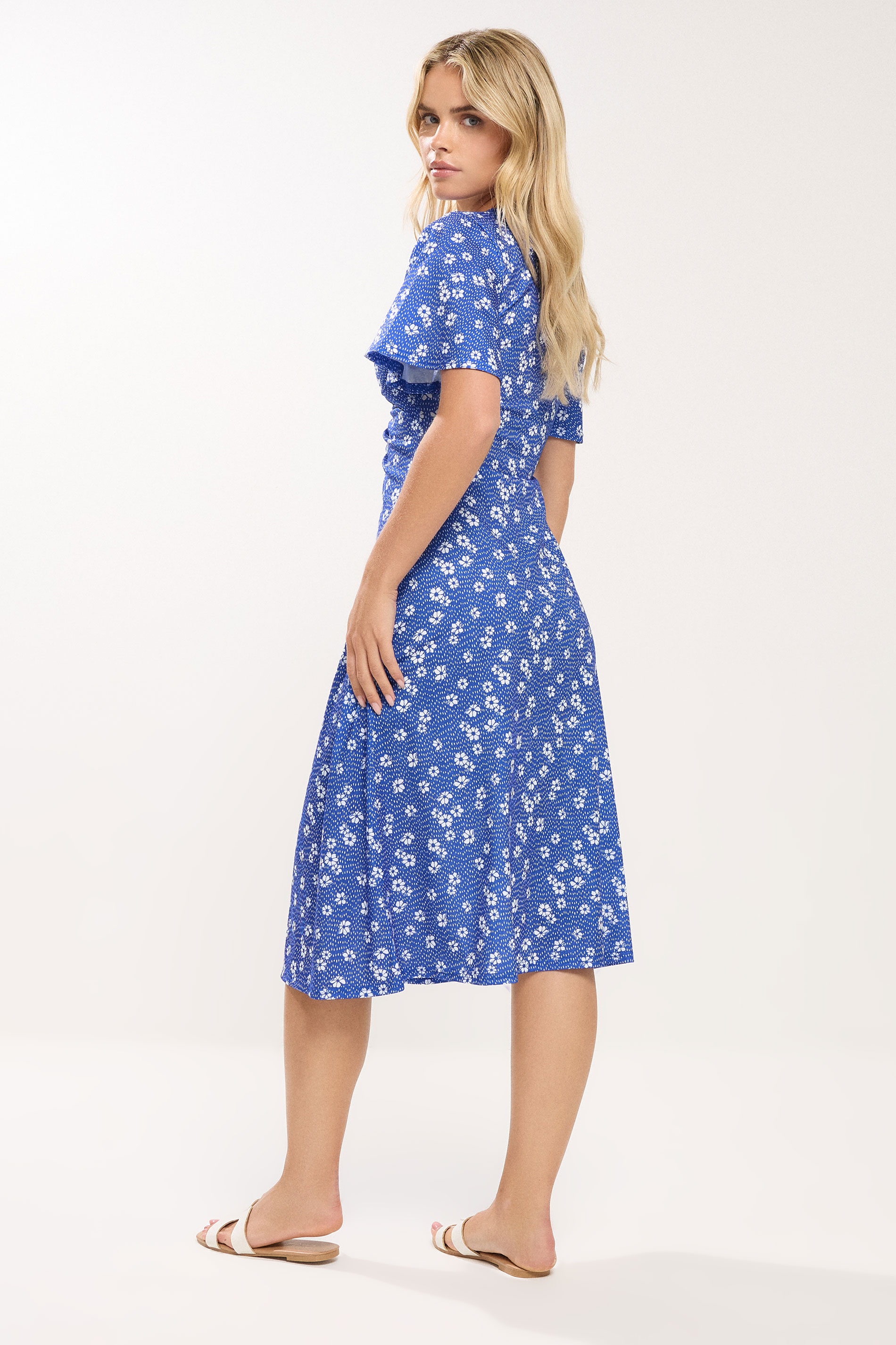 M&Co Petite Blue Ditsy Floral Print Flutter Sleeve Dress | M&Co 2