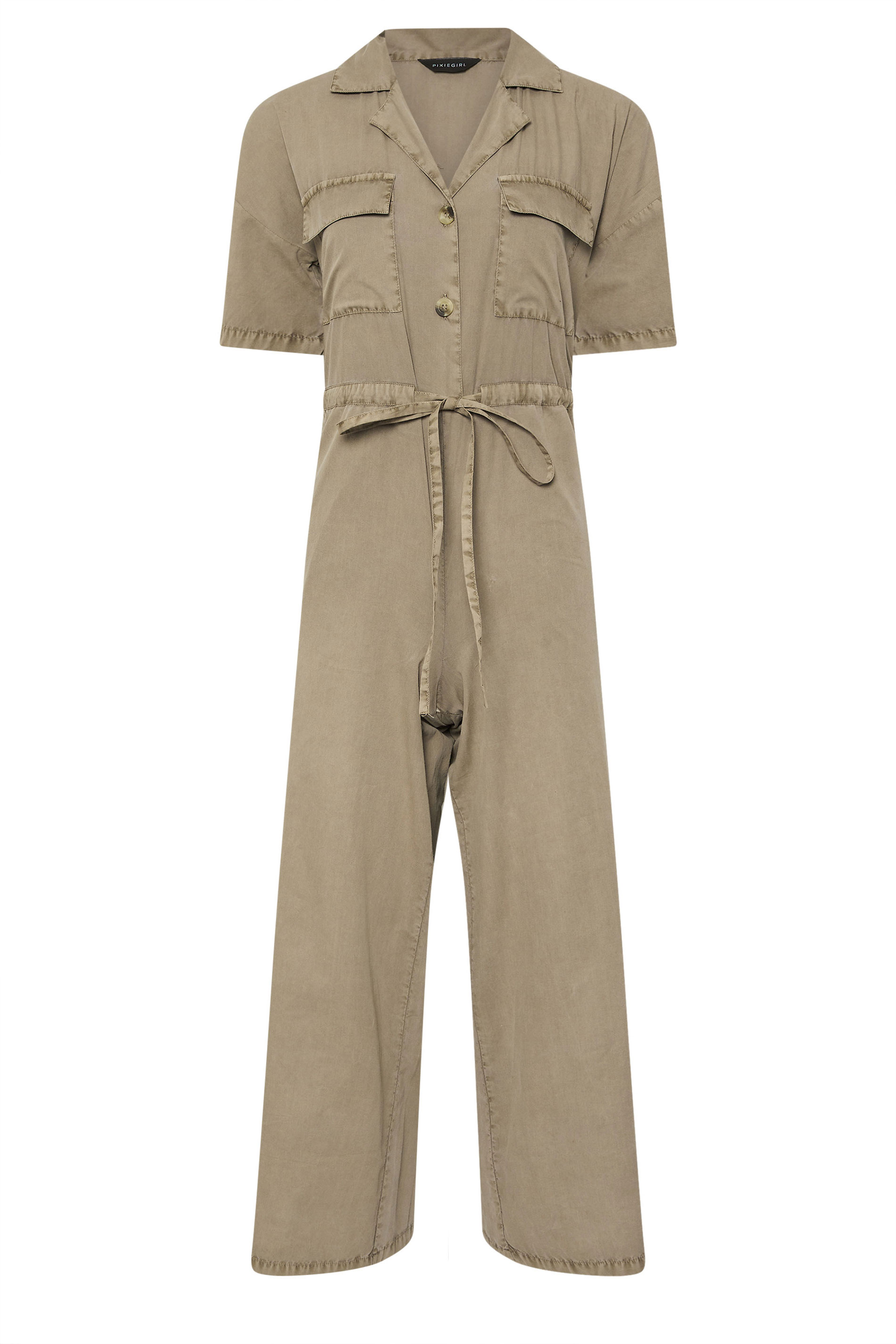 PixieGirl Petite Women's Brown Tie Waist Cotton Wide Leg Jumpsuit | PixieGirl 5