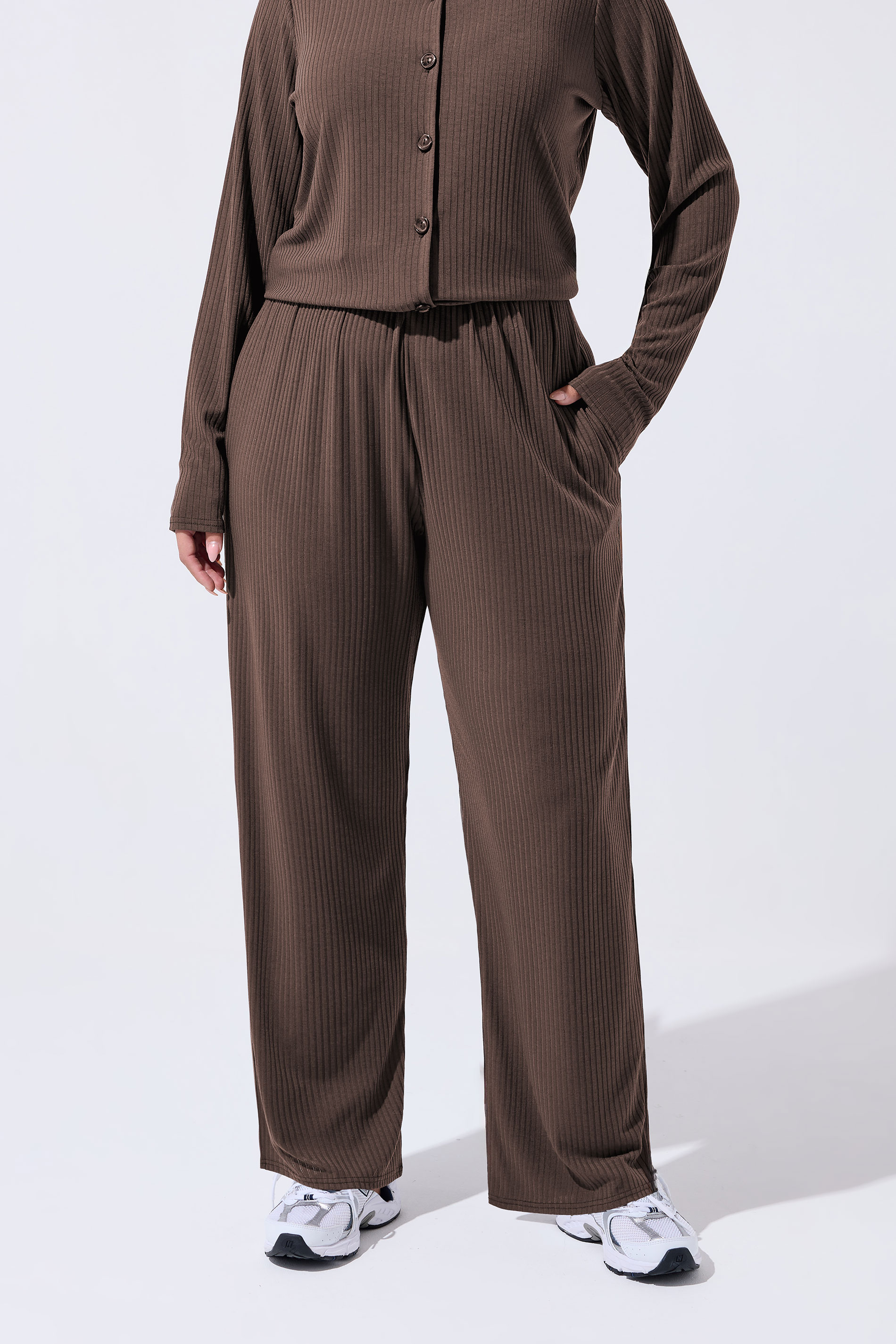 LIMITED COLLECTION Plus Size Brown Ribbed Wide Leg Trousers | Yours Clothing 2