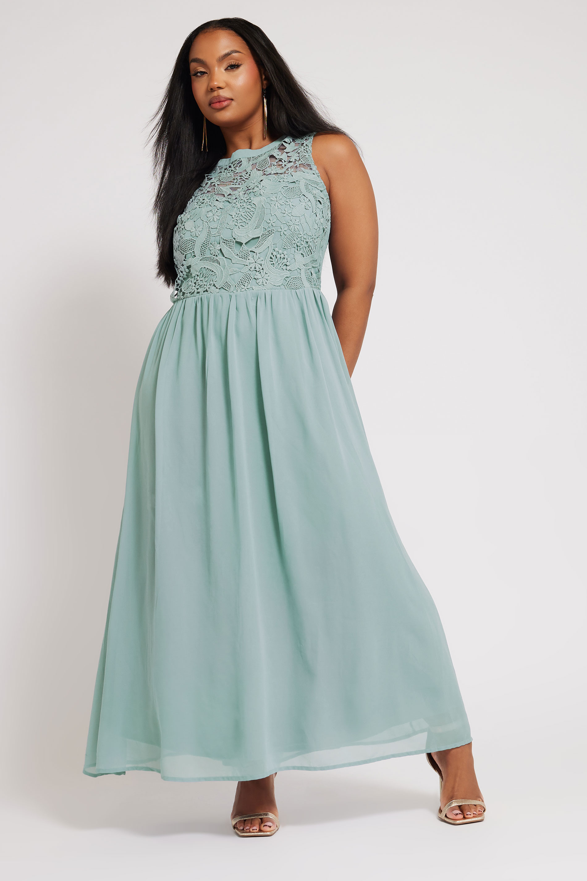 Plus Size YOURS LONDON Curve Ice Blue Lace Front Chiffon Maxi Dress | Yours Clothing  1