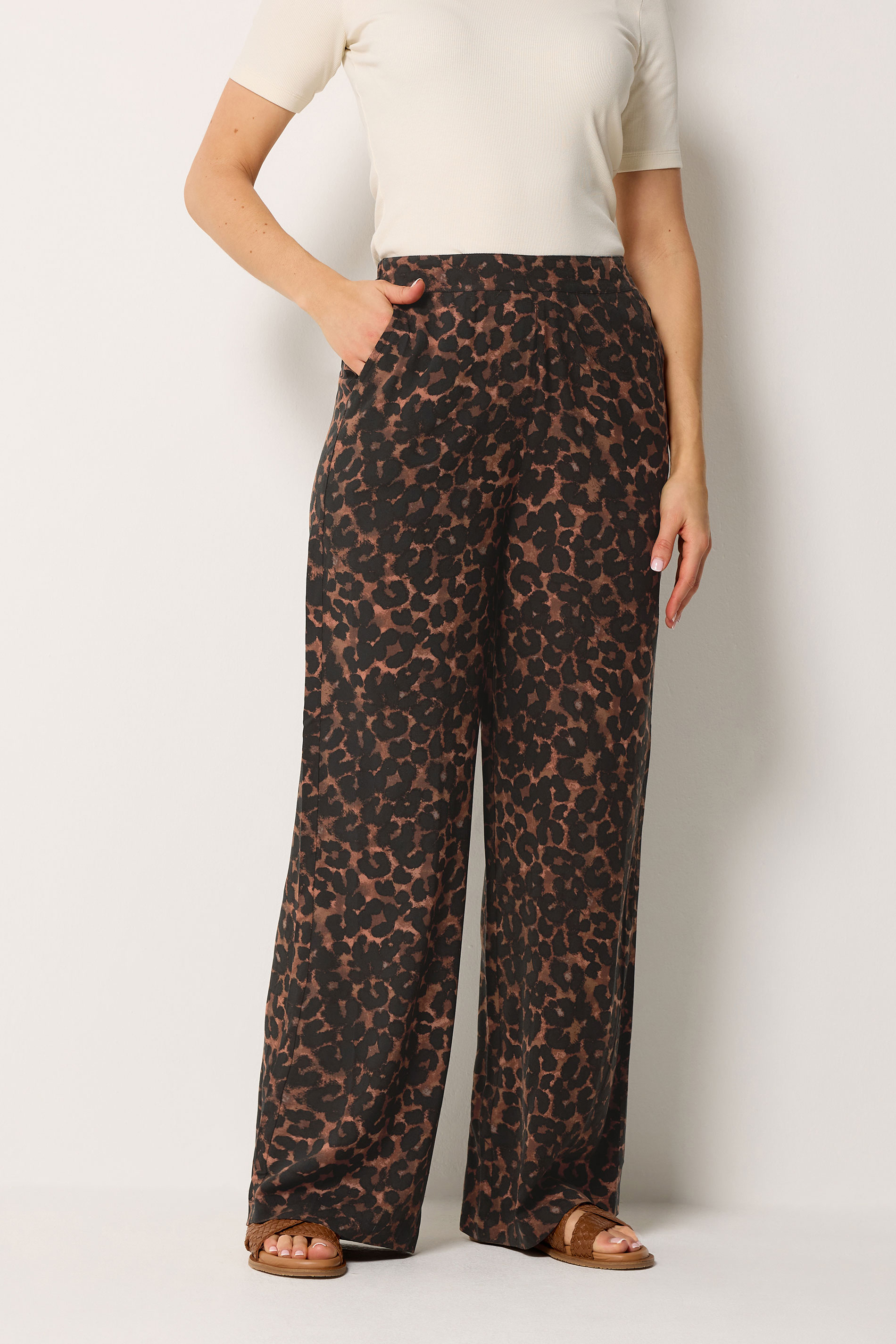 LTS Tall Women's Chocolate Brown Leopard Print Wide Leg Trousers | Long Tall Sally 1
