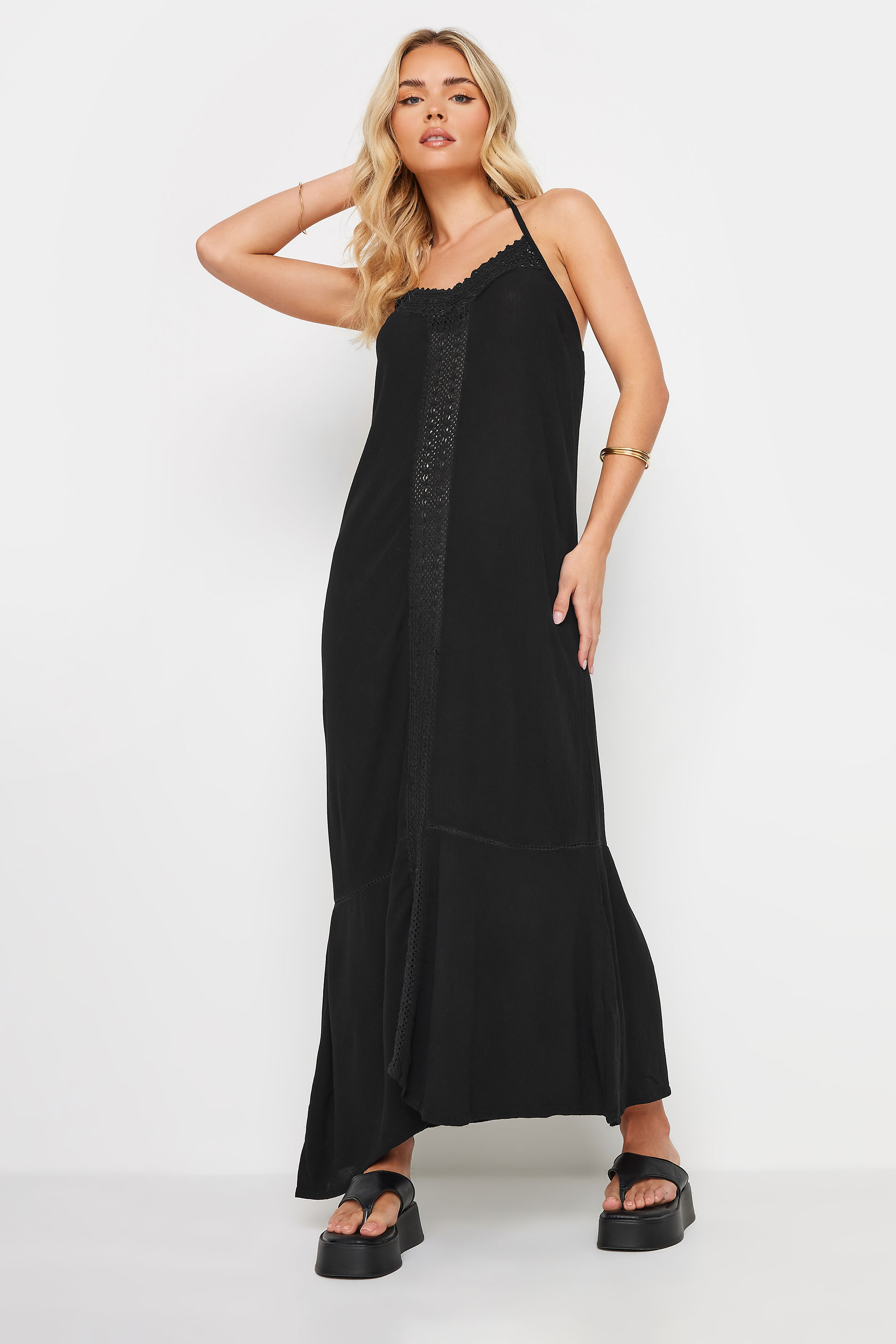PixieGirl Petite Women's Black Crochet Trim Halter Neck Maxi Dress | PixieGirl 1