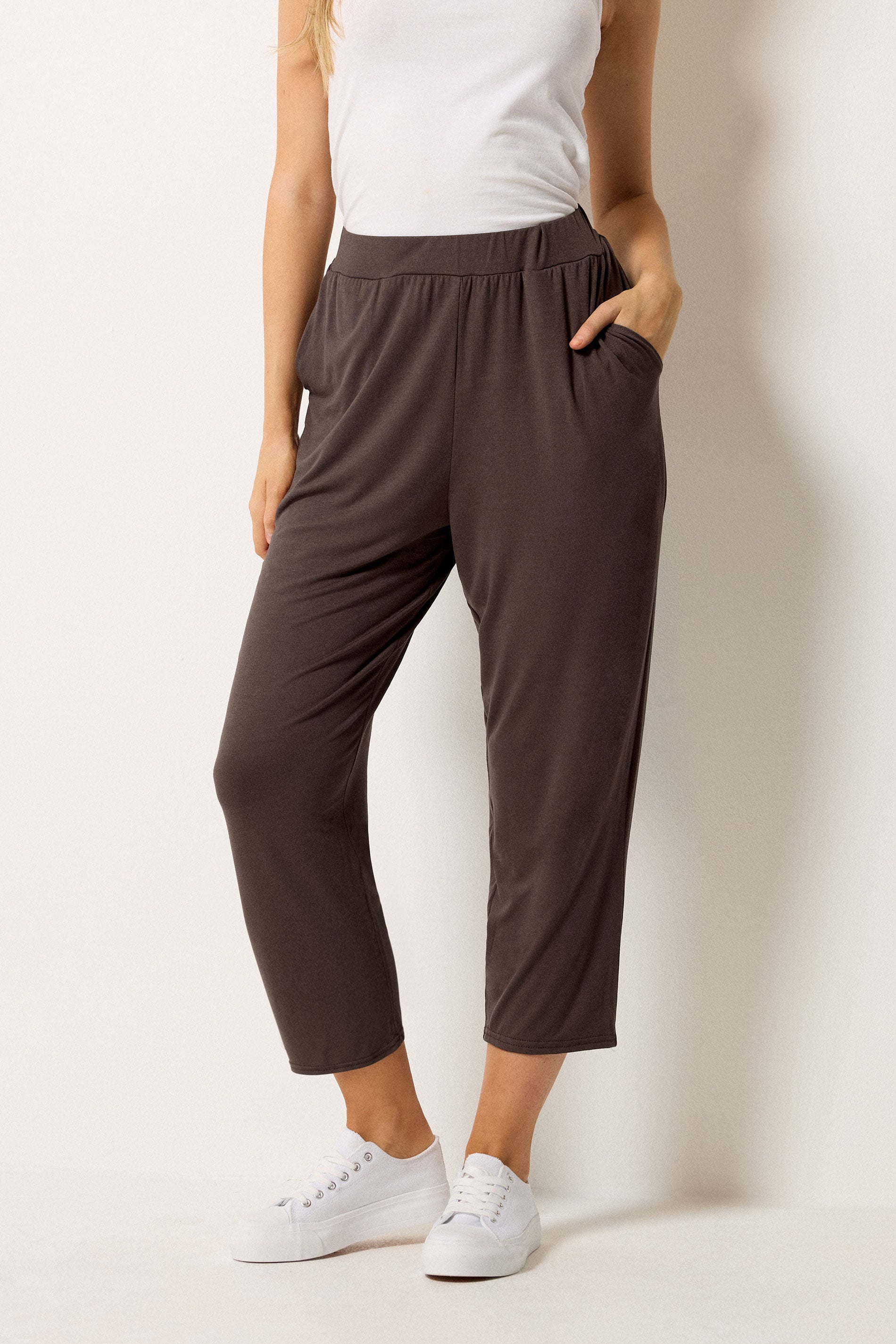 M&Co Chocolate Brown Cropped Hareem Trousers | M&Co 1