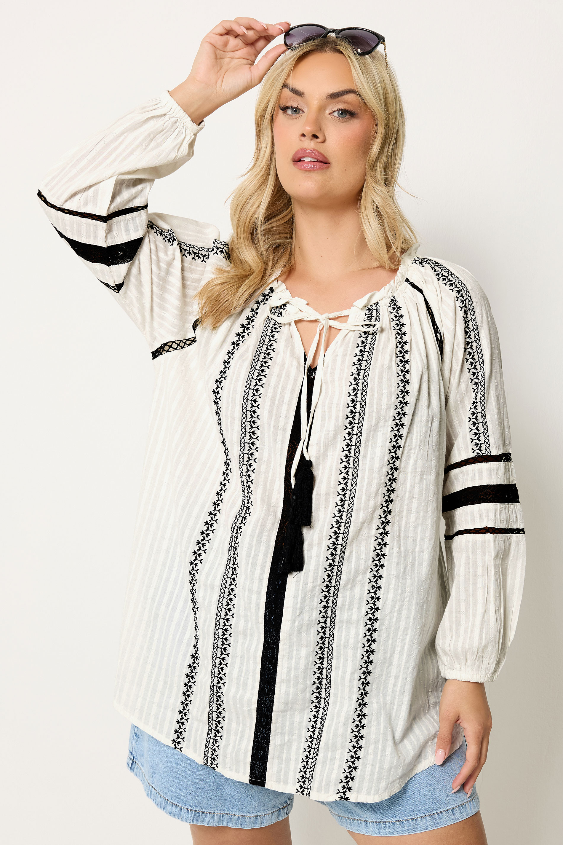 YOURS Plus Size Cream Embroidered Tie Neck Blouse | Yours Clothing 2