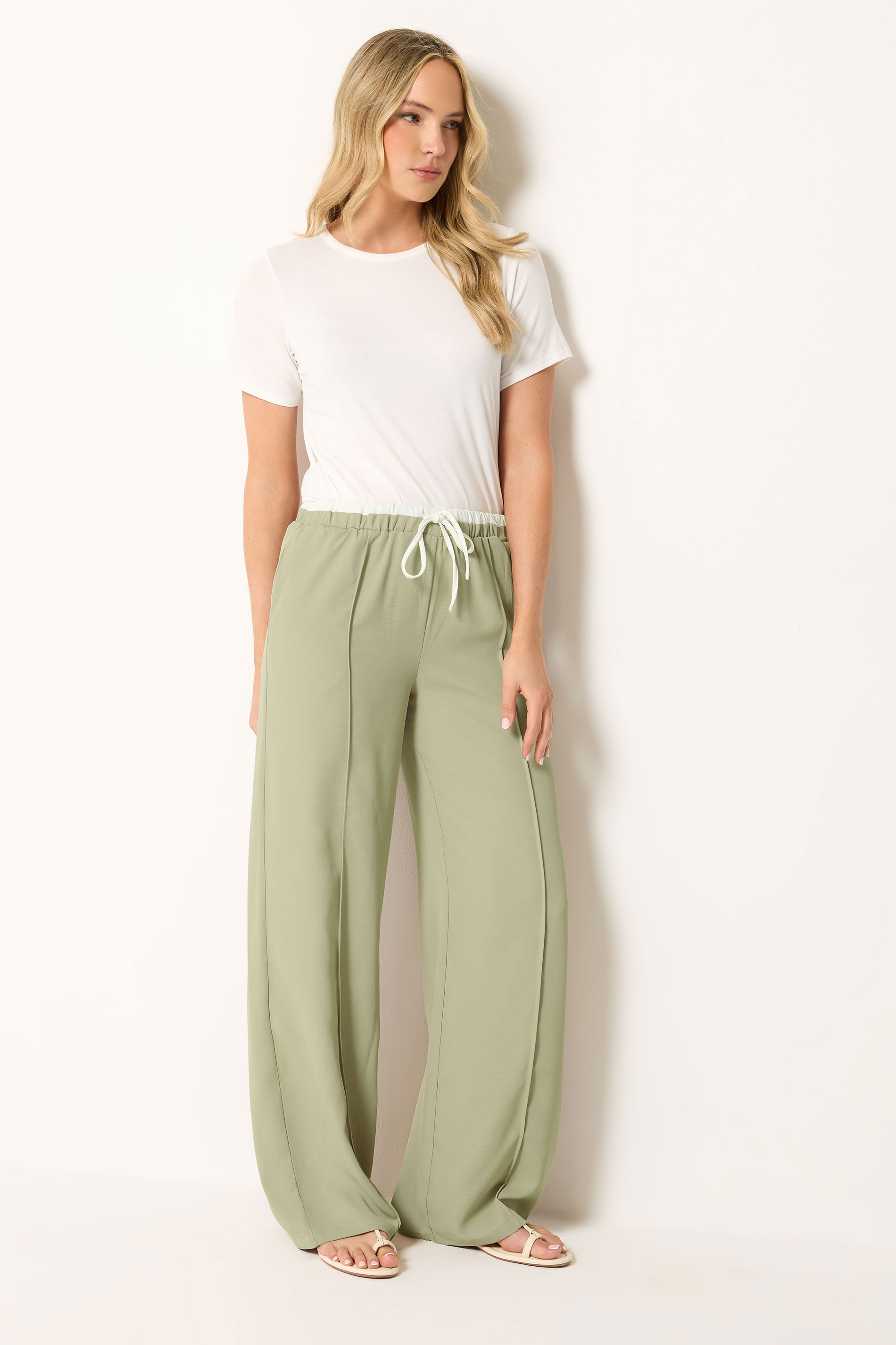 LTS Tall Women's Natural Brown Contrast Waist Wide Leg Trousers | Long Tall Sally 3