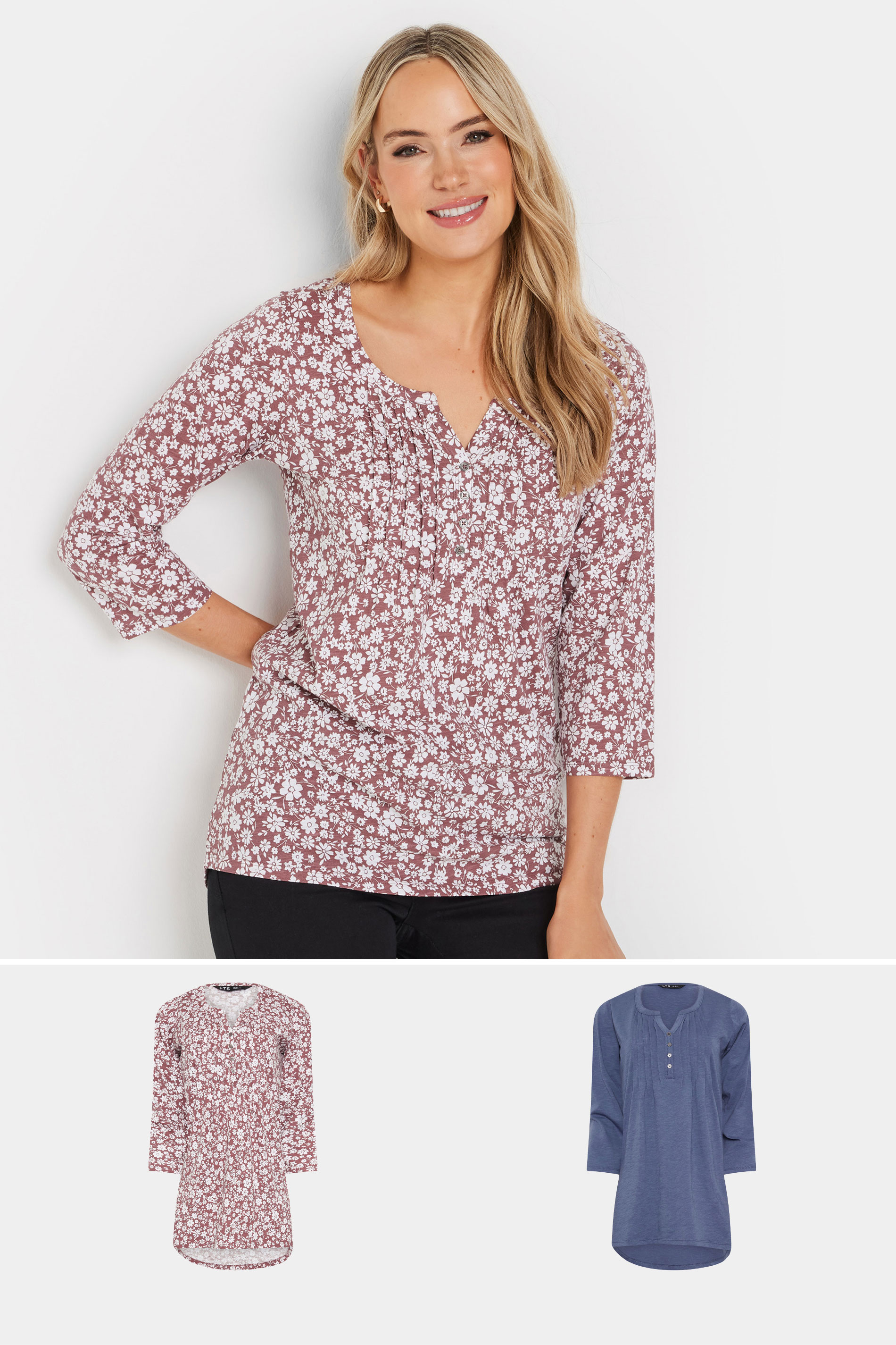 LTS Tall 2 PACK Blush Pink & Blue Cotton Henley Tops | Long Tall Sally 1