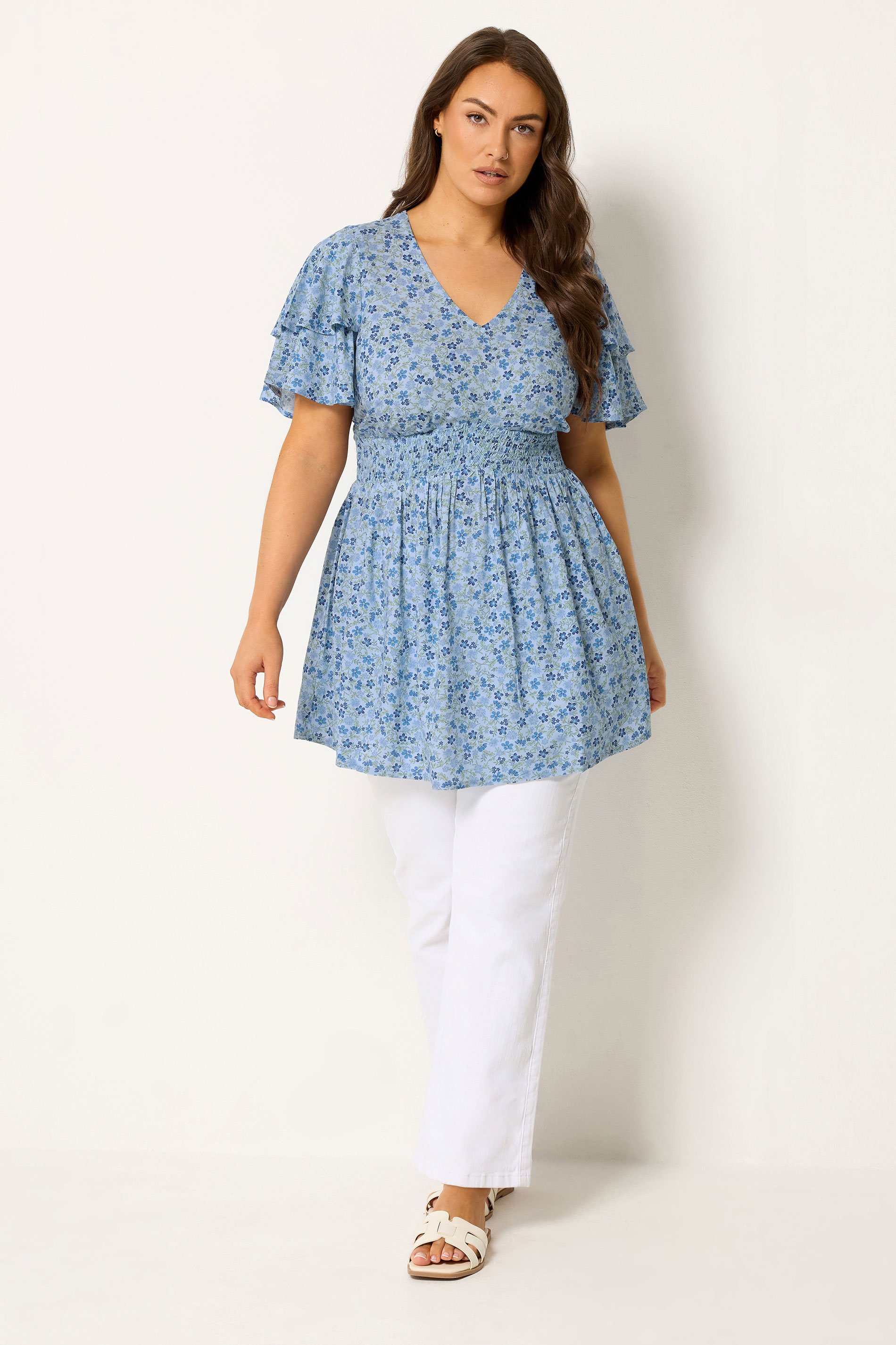 YOURS Plus Size Blue Ditsy Floral Flutter Sleeve Top | Yours Clothing 1