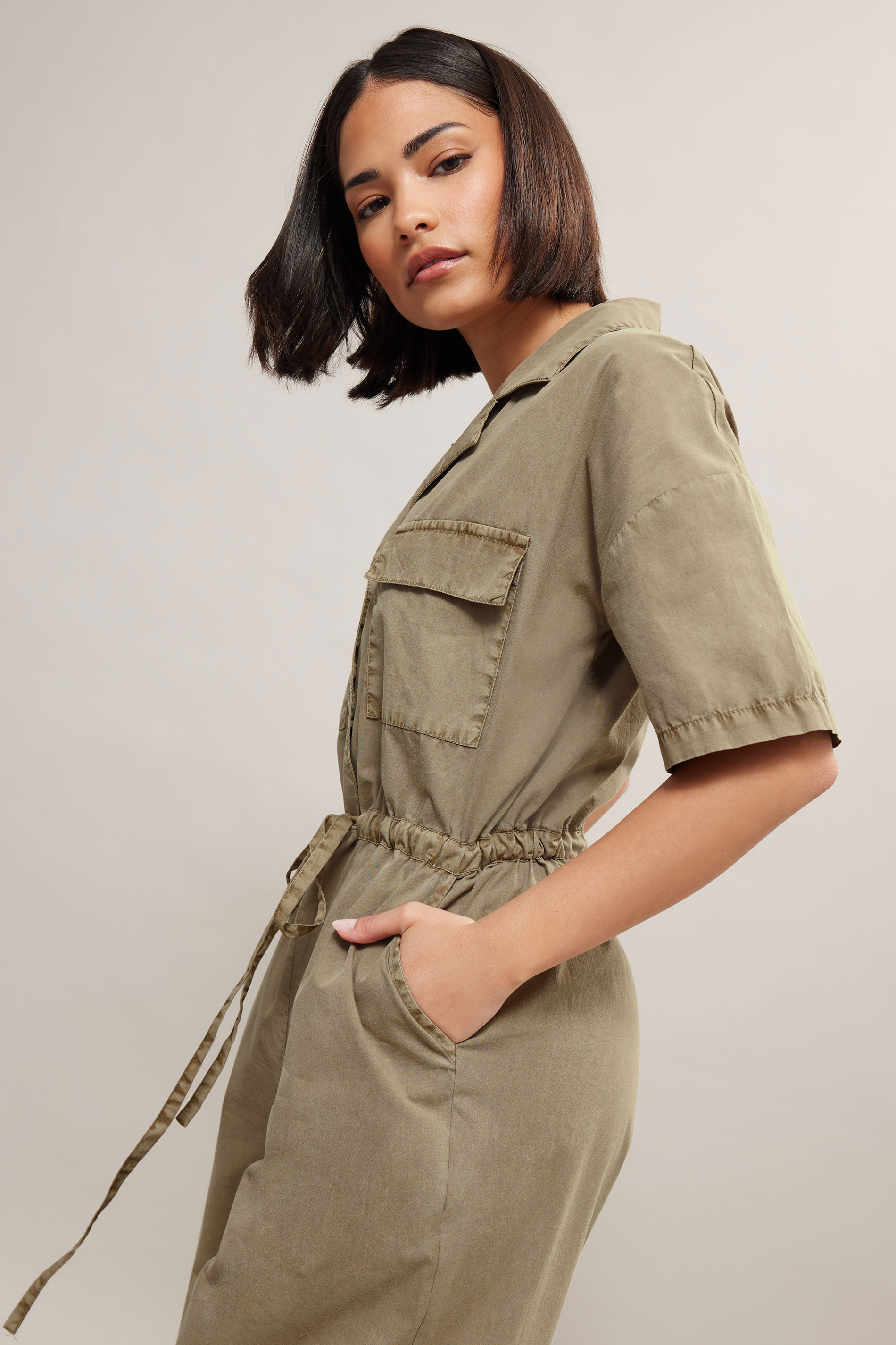PixieGirl Petite Women's Brown Tie Waist Cotton Wide Leg Jumpsuit | PixieGirl 1