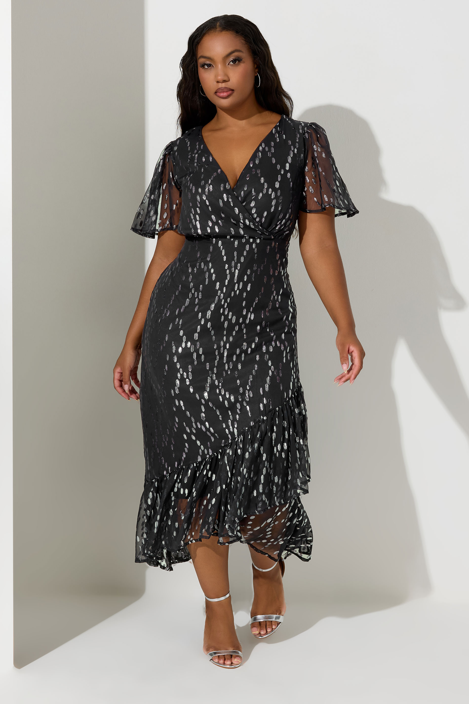 YOURS LONDON Plus Size Black & Silver Metallic Dobby Wrap Dress | Yours Clothing 3