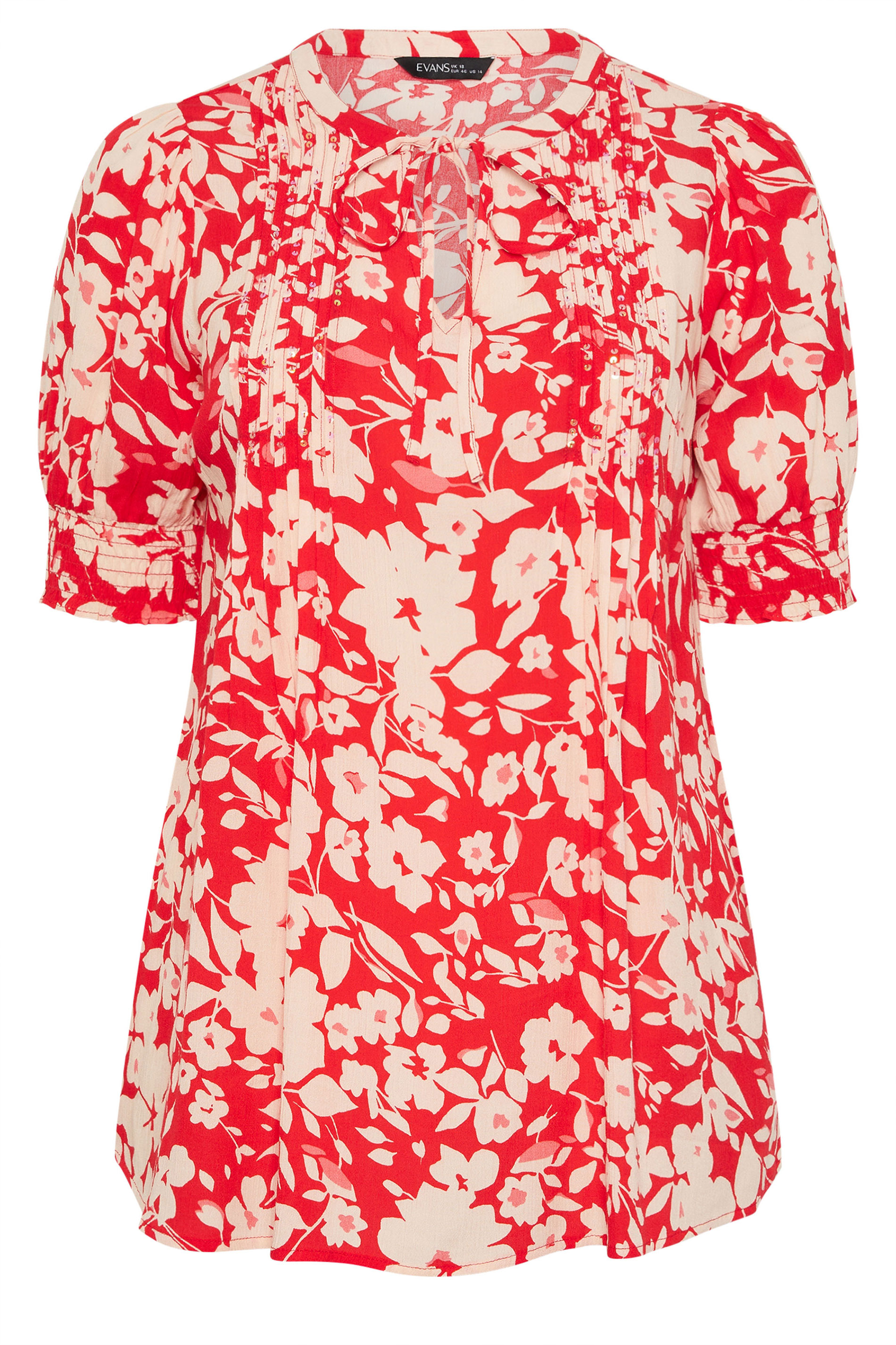 EVANS Plus Size Red Floral Pintuck Tie Neck Blouse | Evans 6