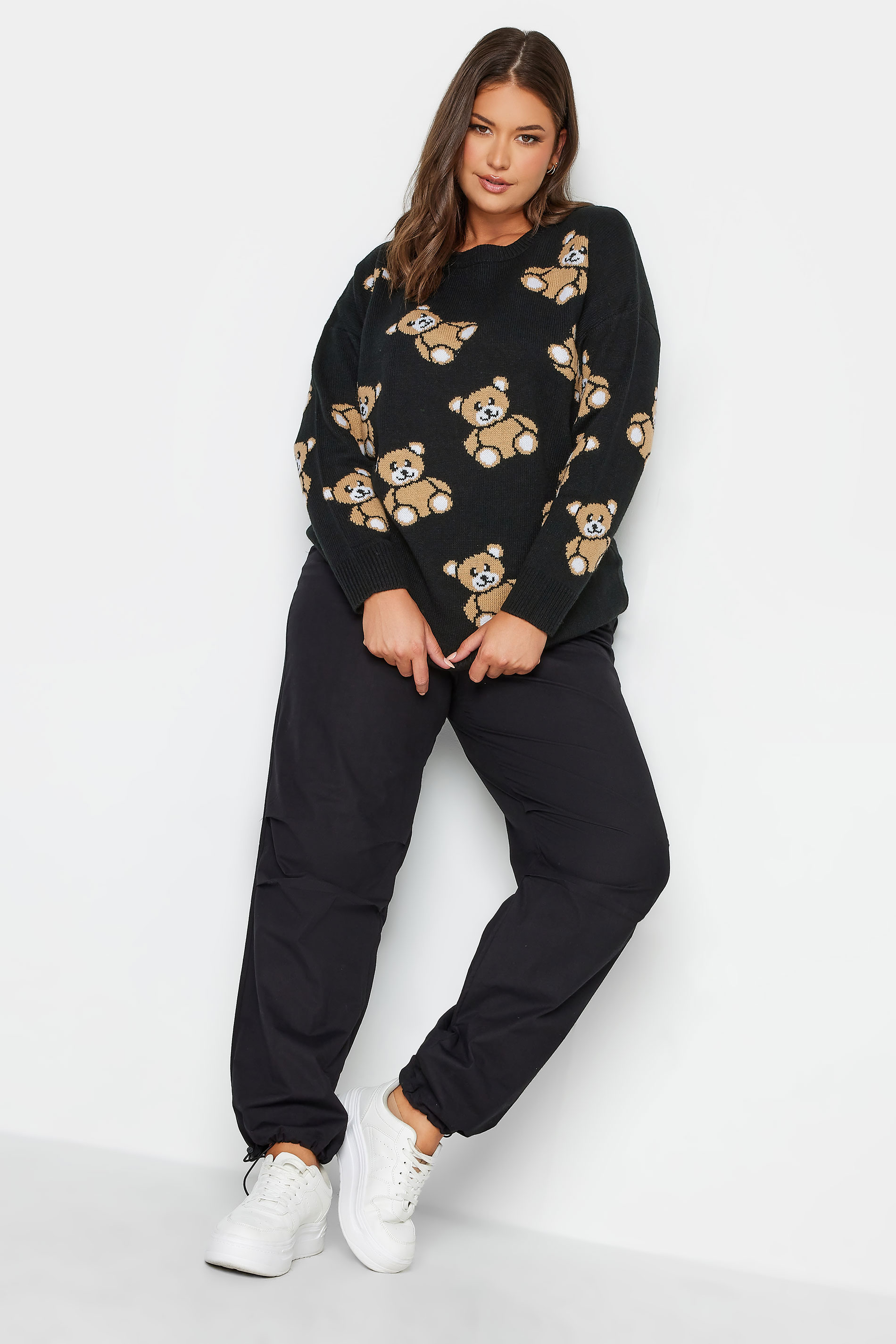 YOURS Plus Size Black Teddy Bear Print Knitted Jumper | Yours Clothing 2