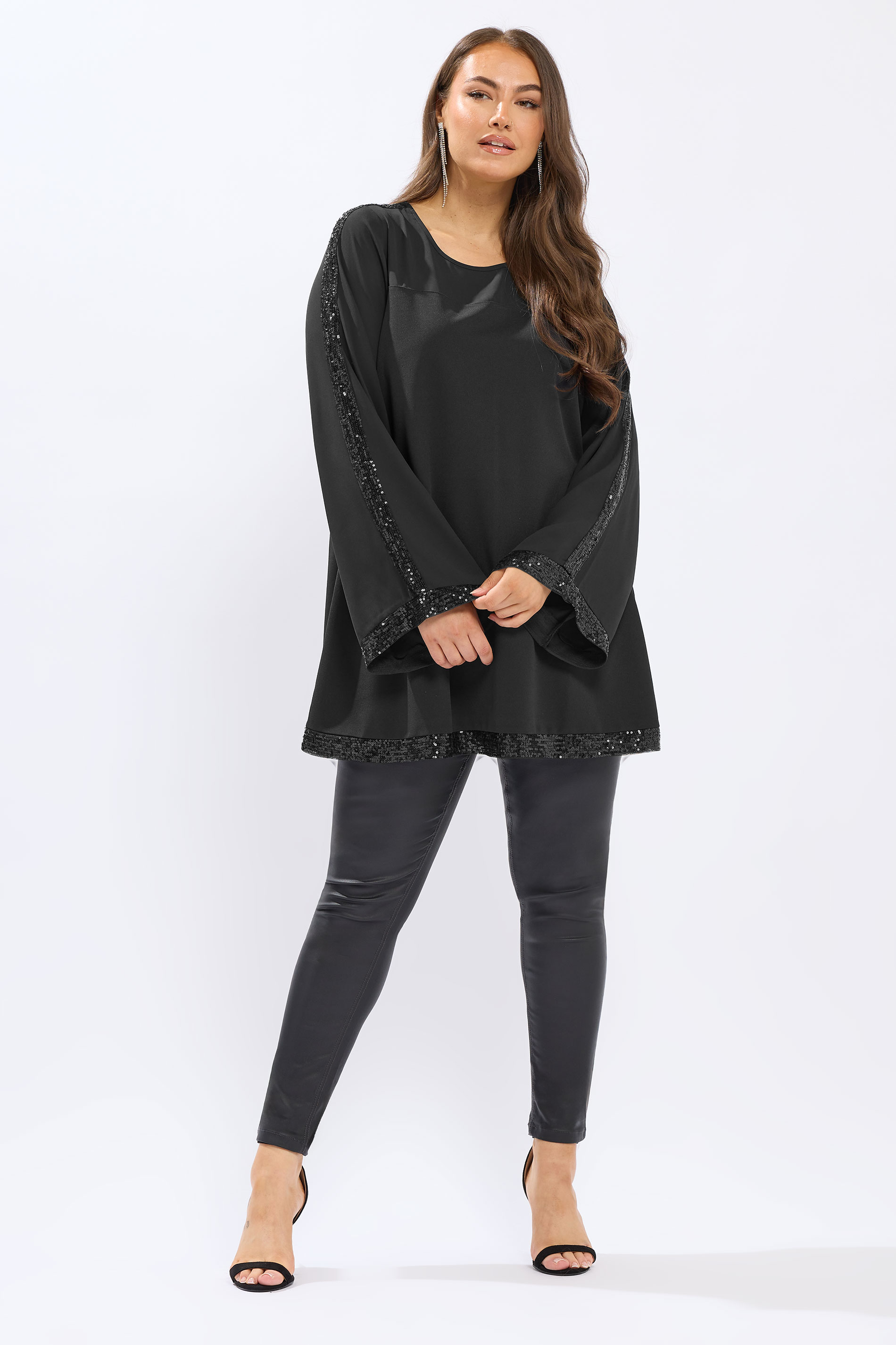 YOURS Plus Size Black Sequin Panel Flare Tunic Top | Yours Clothing 1