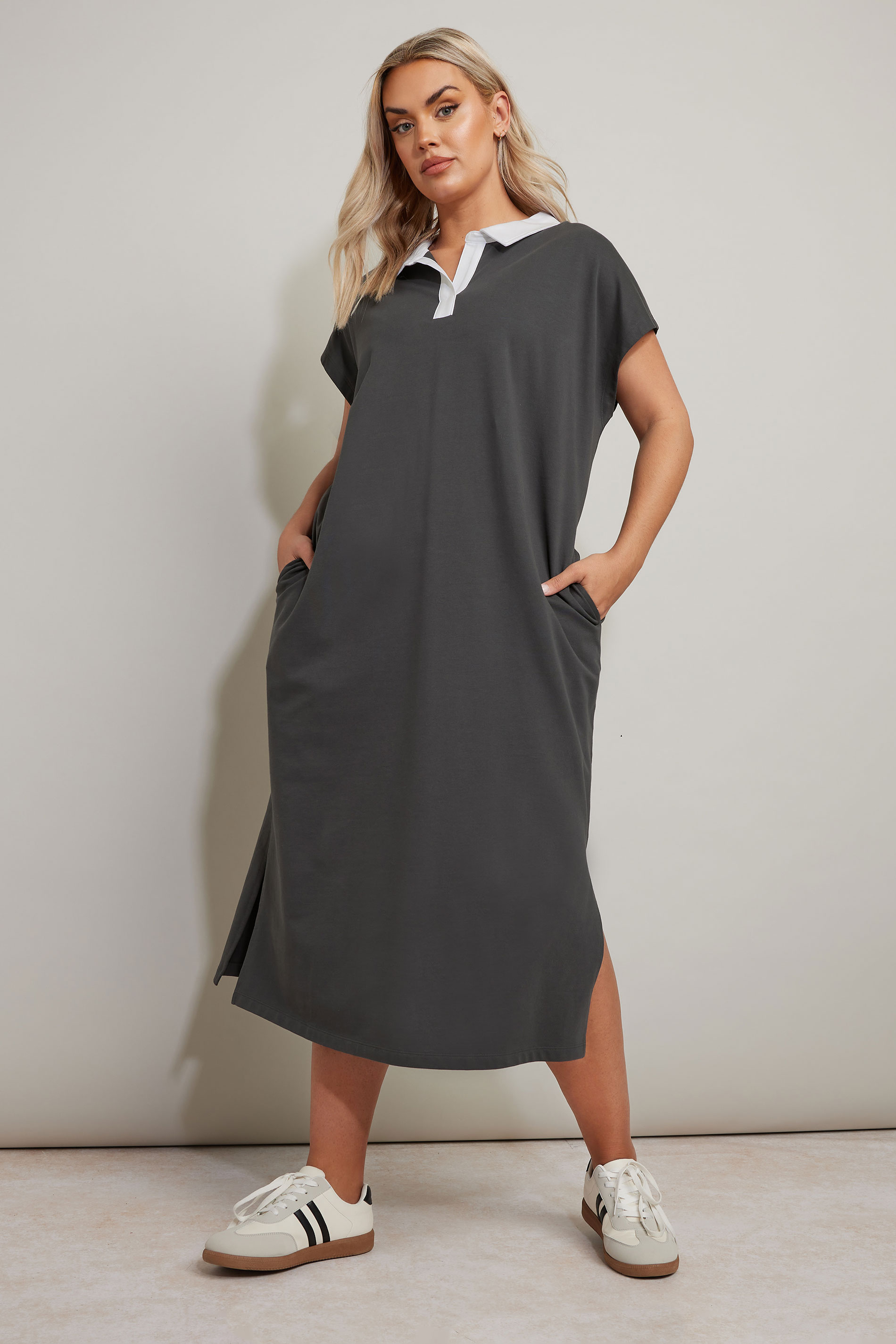 YOURS Plus Size Charcoal Grey Jersey Collar Grown-On Sleeve Dress | Yours Clothing 3
