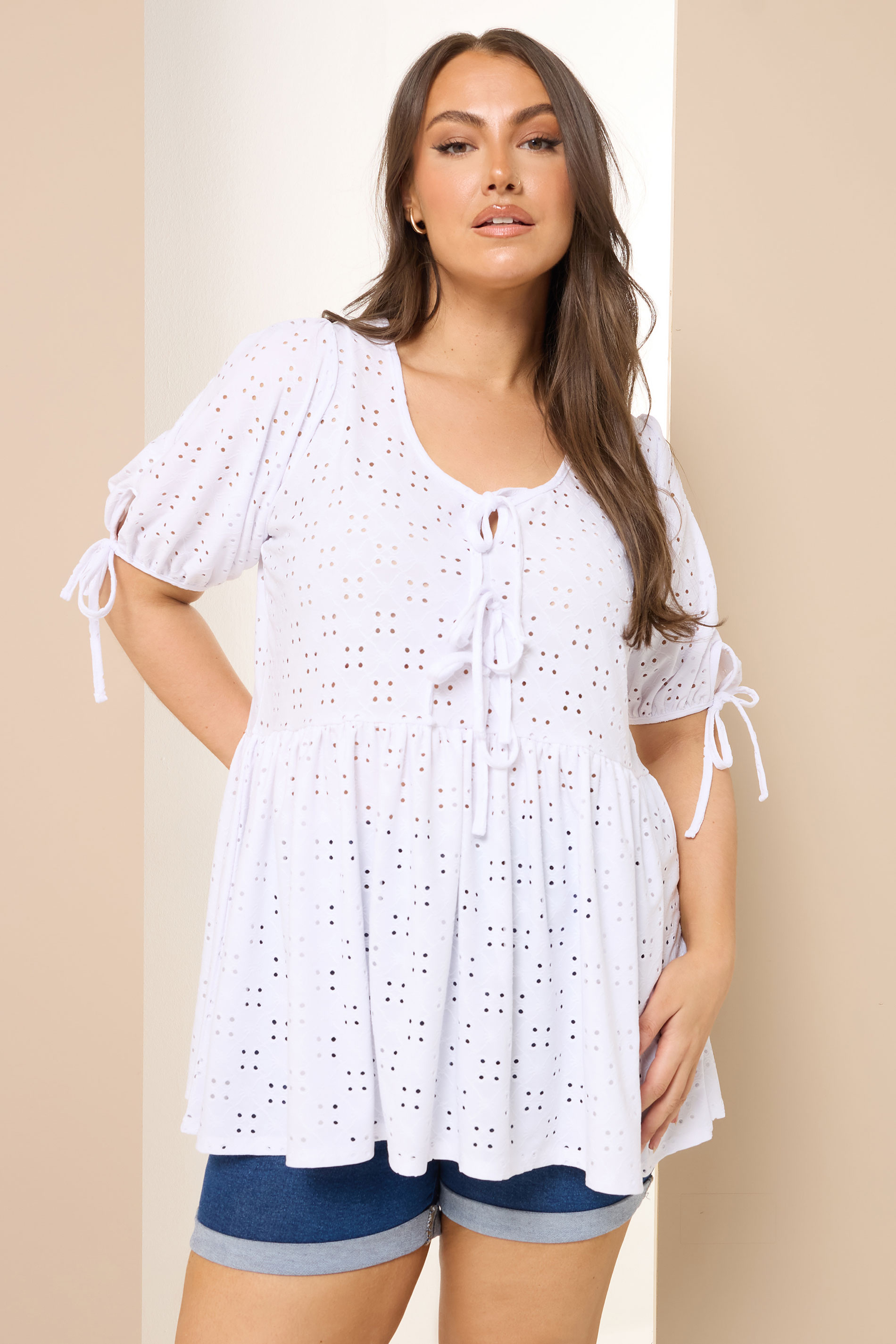 YOURS Plus Size White Broderie Anglaise Tie Front Peplum Top | Yours Clothing 1