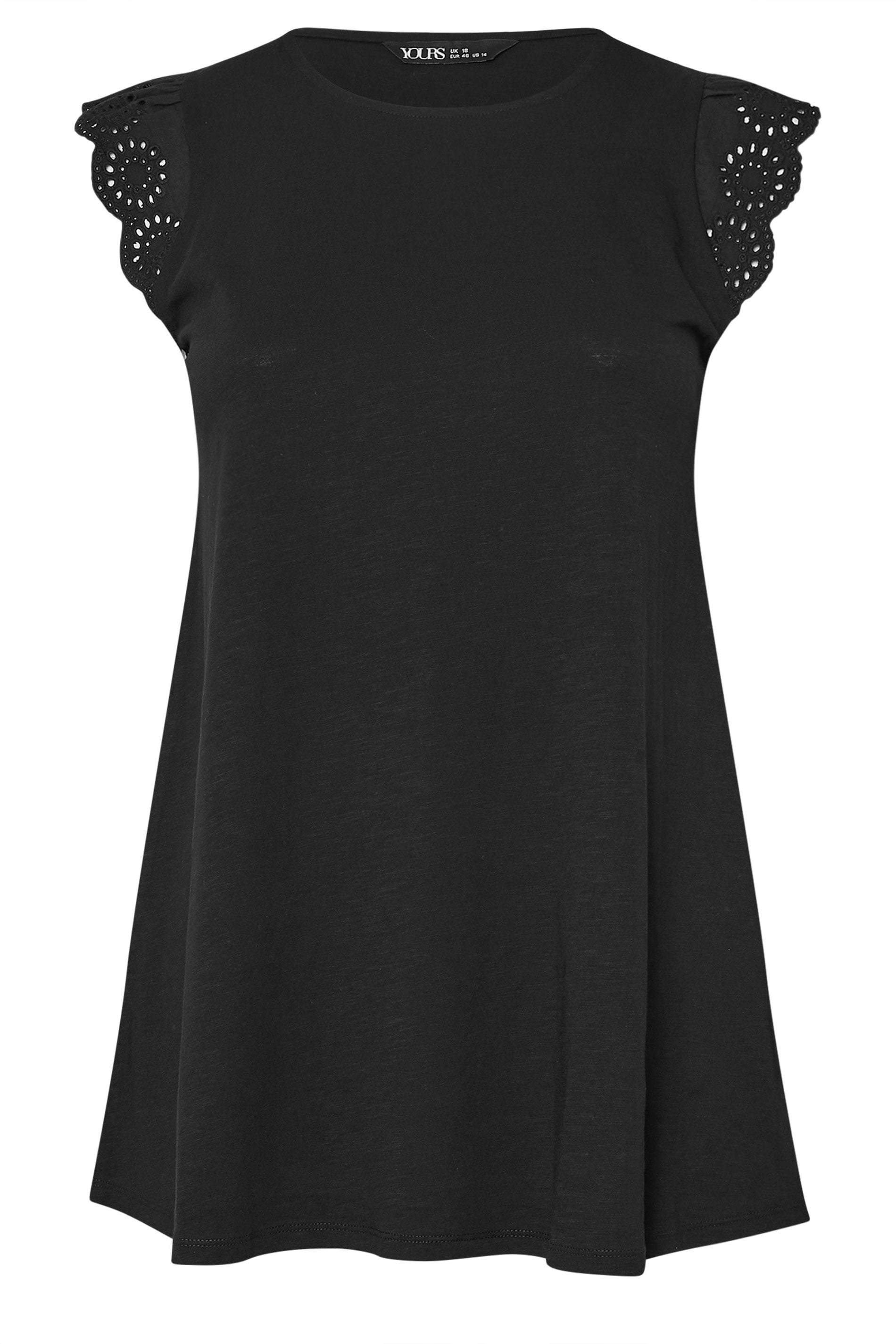 YOURS Plus Size Black Broderie Anglaise Frill Sleeve Vest Top | Yours Clothing 5