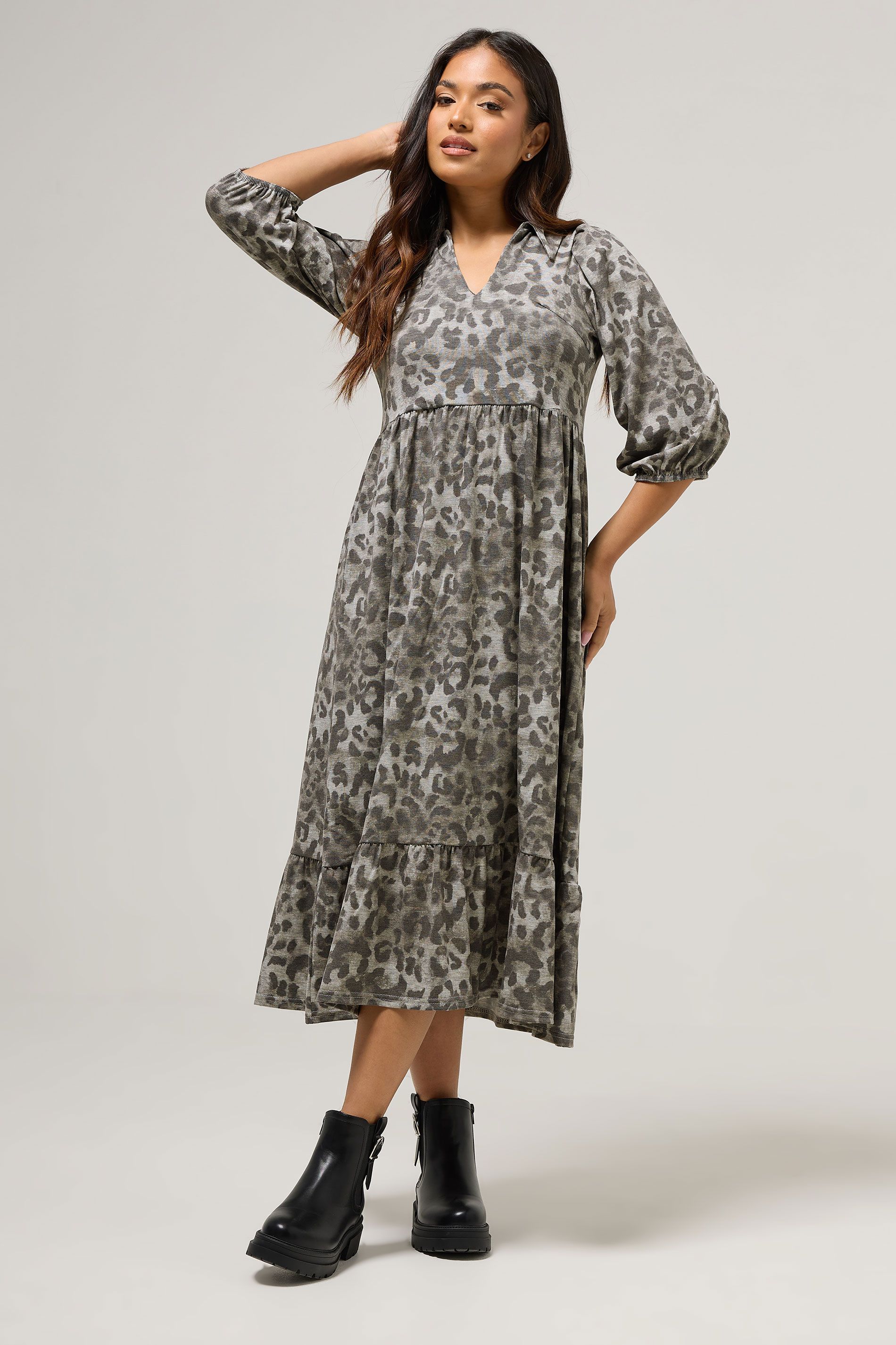 PixieGirl Petite Women's Grey Animal Print Collar Midi Dress | PixieGirl 3