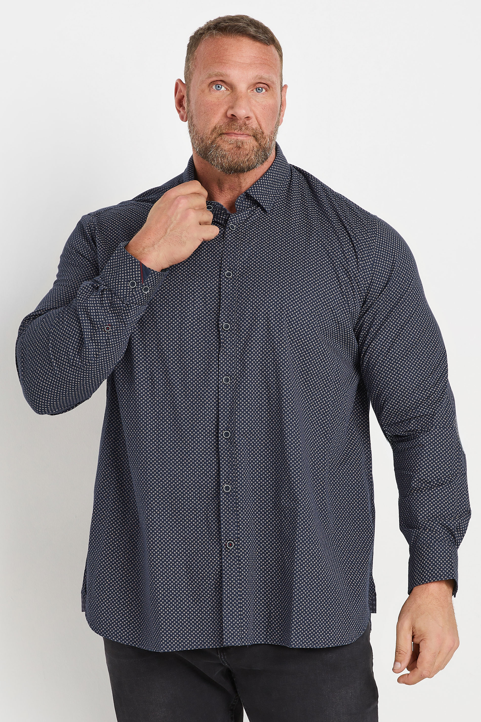 D555 Big & Tall Navy Blue Micro Spot Print Button Shirt | BadRhino 3