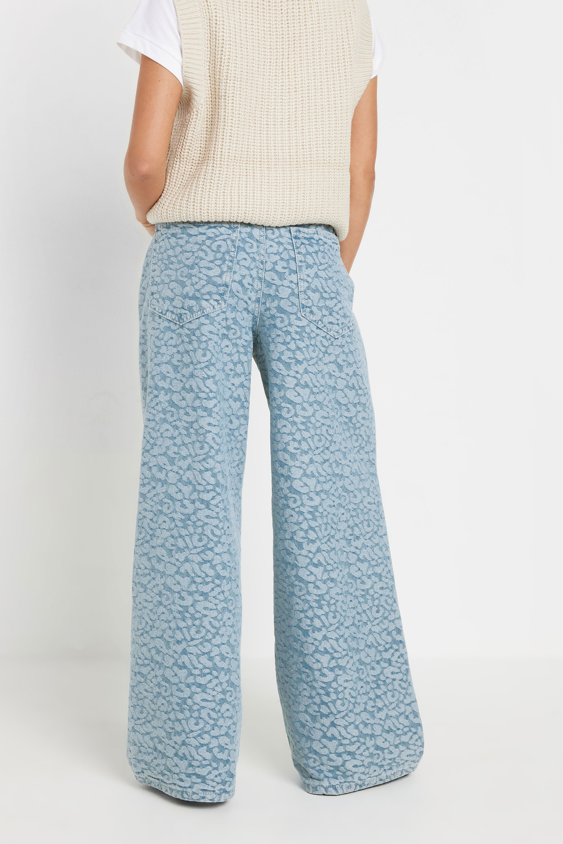 PixieGirl Petite Women's Light Blue Denim Leopard Cotton Wide Leg Jeans | PixieGirl 2