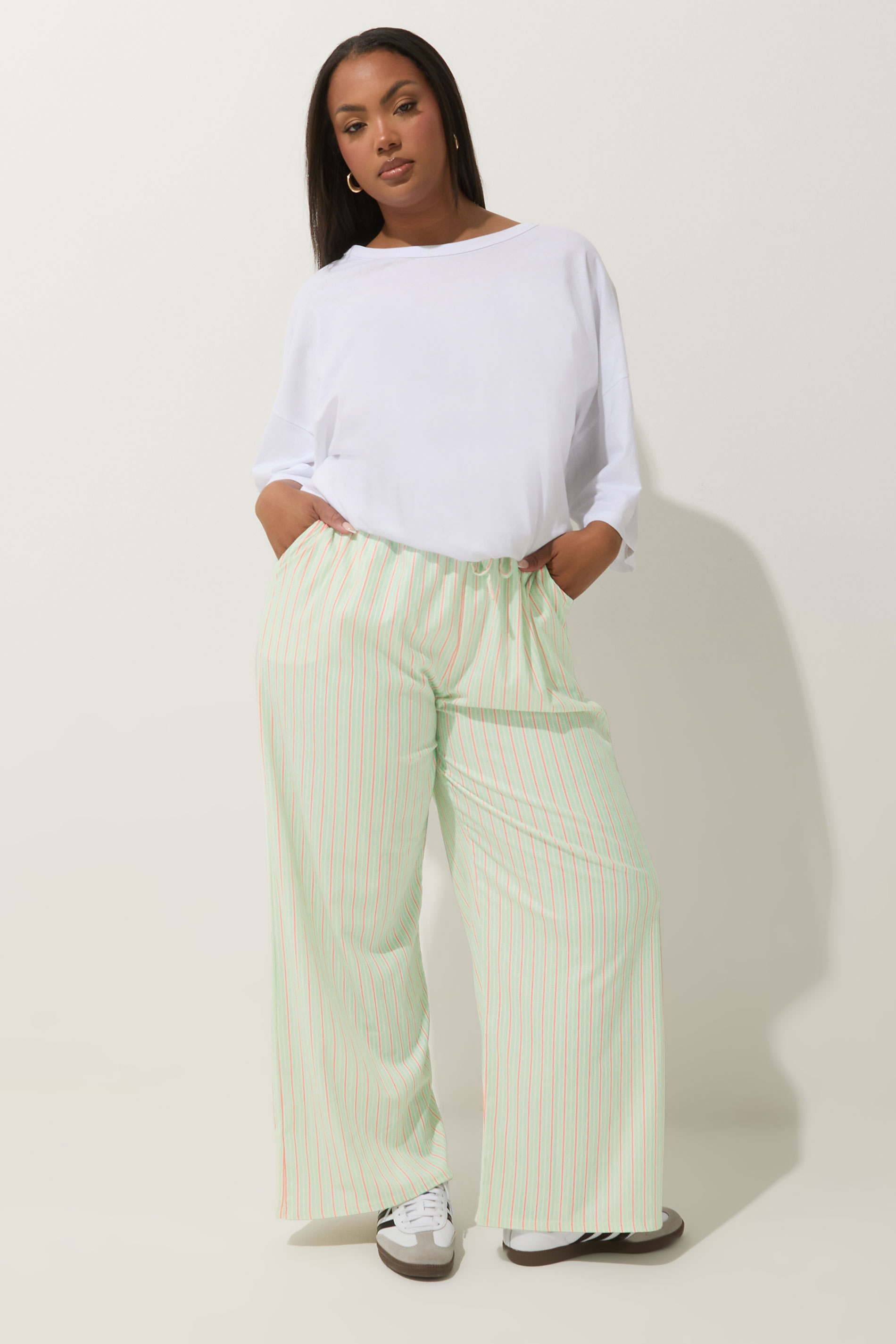 LIMITED COLLECTION Plus Size Mint Green & Pink Stripe Wide Leg Trousers | Yours Clothing 3