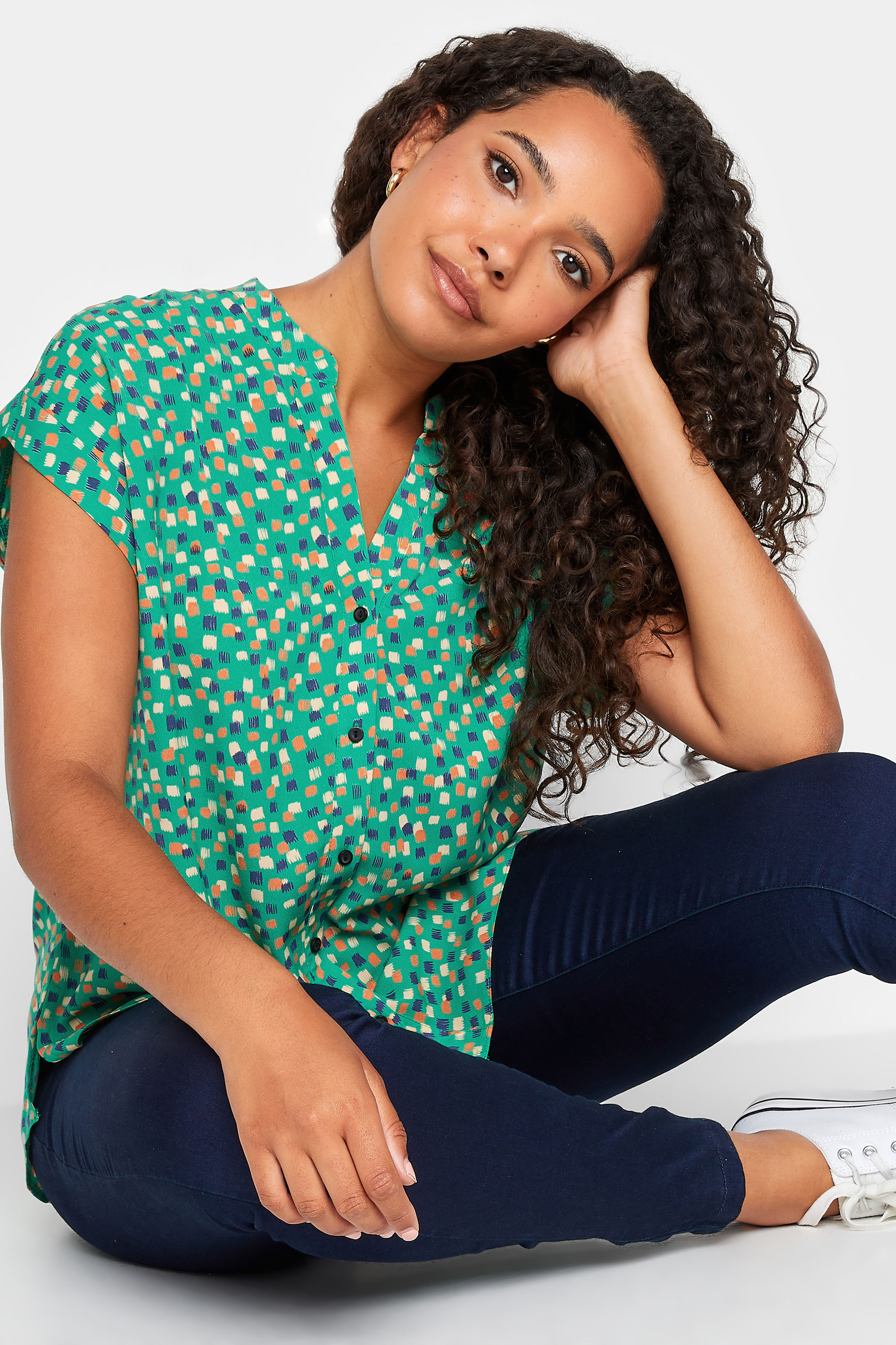 M&Co Green Spot Print V-Neck Shirt | M&Co 1