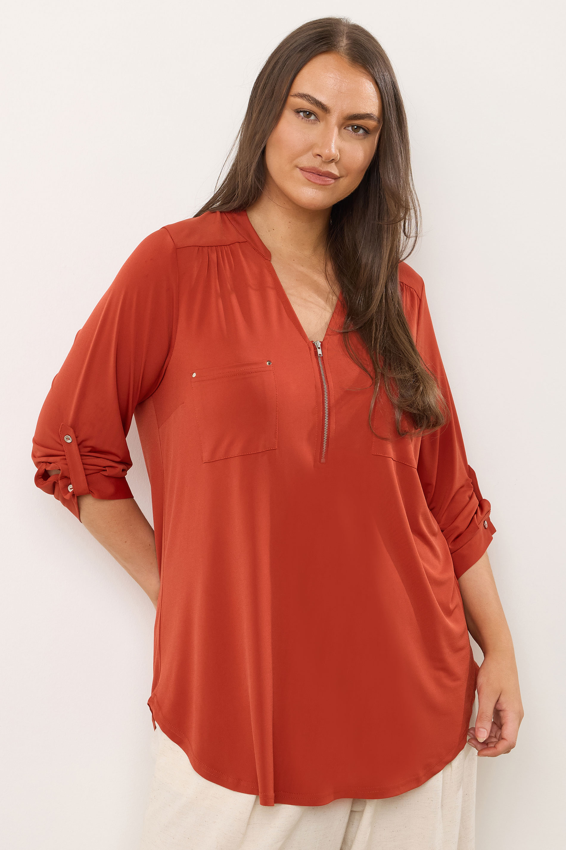 EVANS Plus Size Orange Zip Front Jersey Blouse | Evans  3