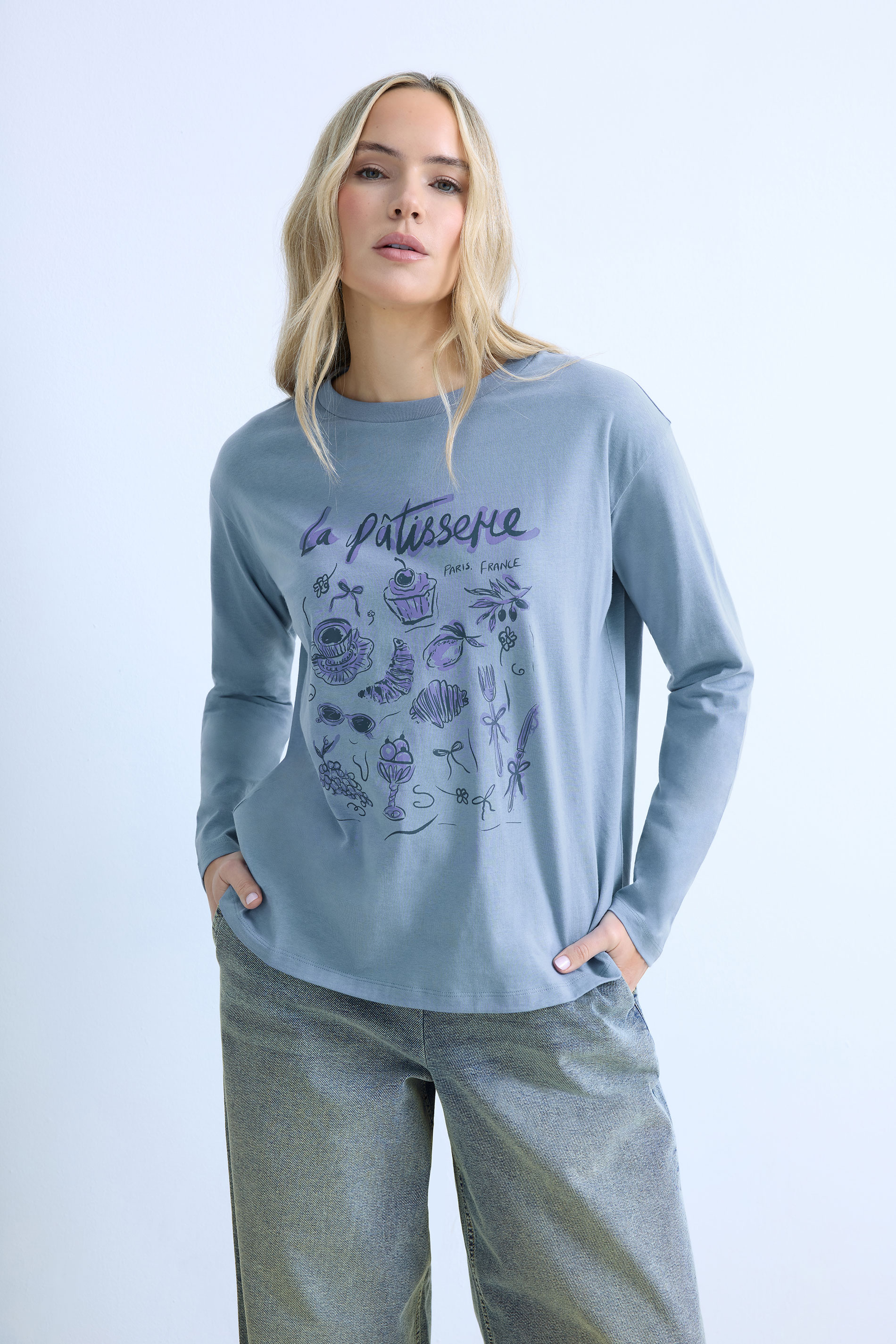 LTS Tall Blue 'La Patisserie' Slogan Long Sleeve T-Shirt | Long Tall Sally 3