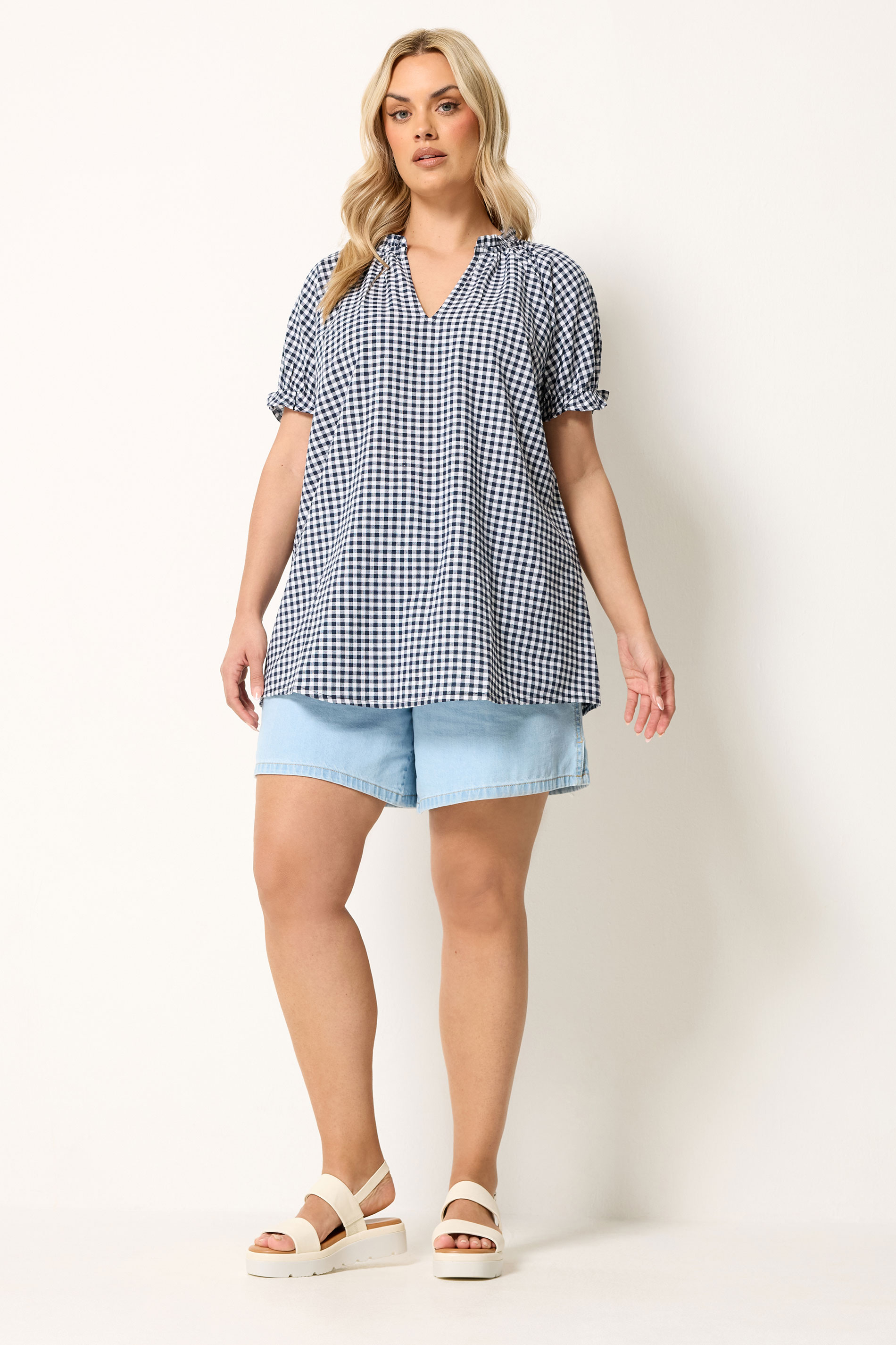 YOURS Plus Size Navy Blue Gingham Notch Neck Blouse | Yours Clothing 1