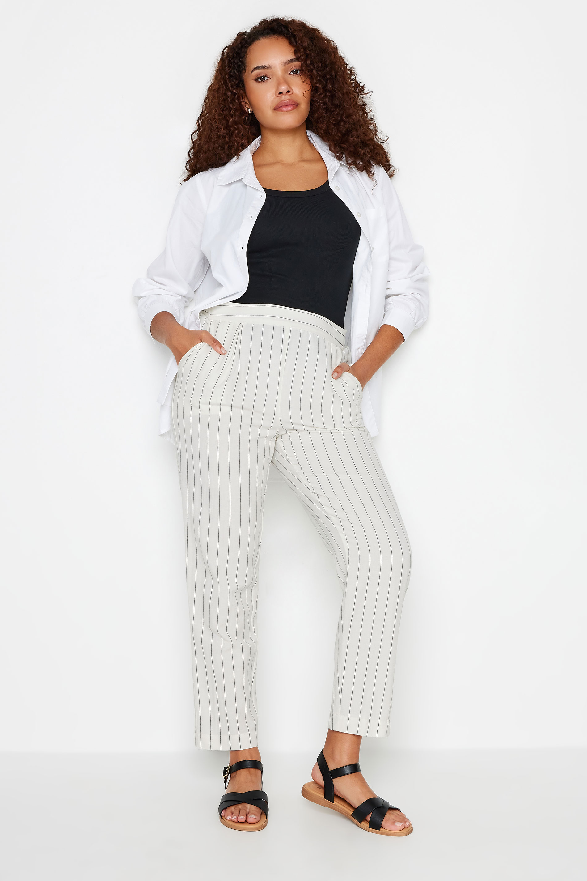 M&Co Ivory White Stripe Print Linen Trousers | M&Co 2