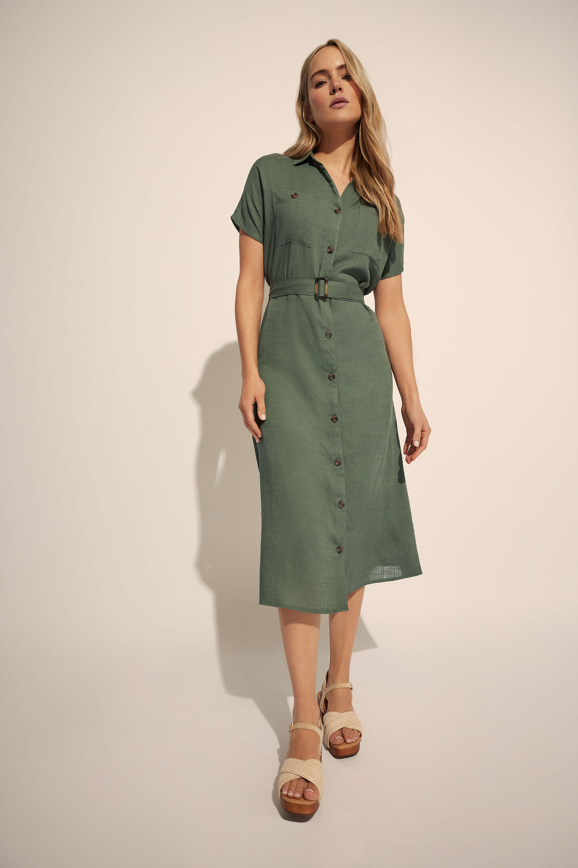 LTS Tall Khaki Green Linen Button Midi Dress | Long Tall Sally 3