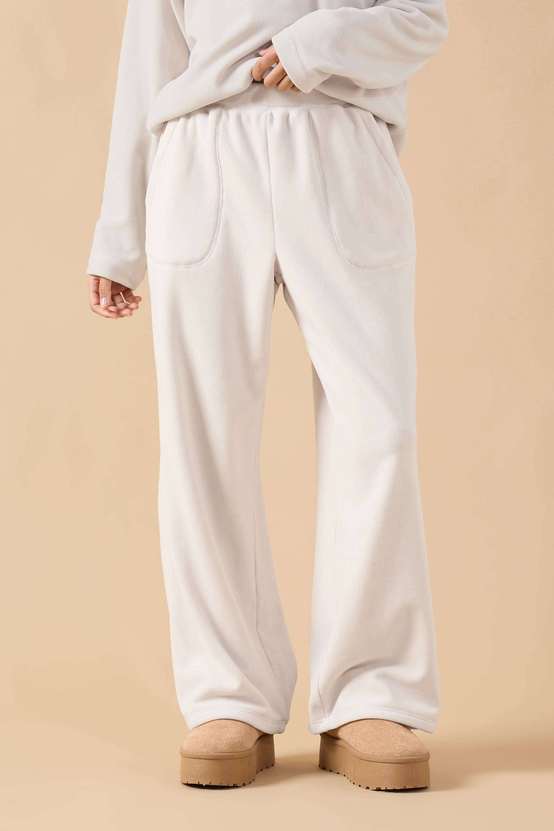 PixieGirl Petite Women's Ivory White Fleece Wide Leg Trousers | PixieGirl 2