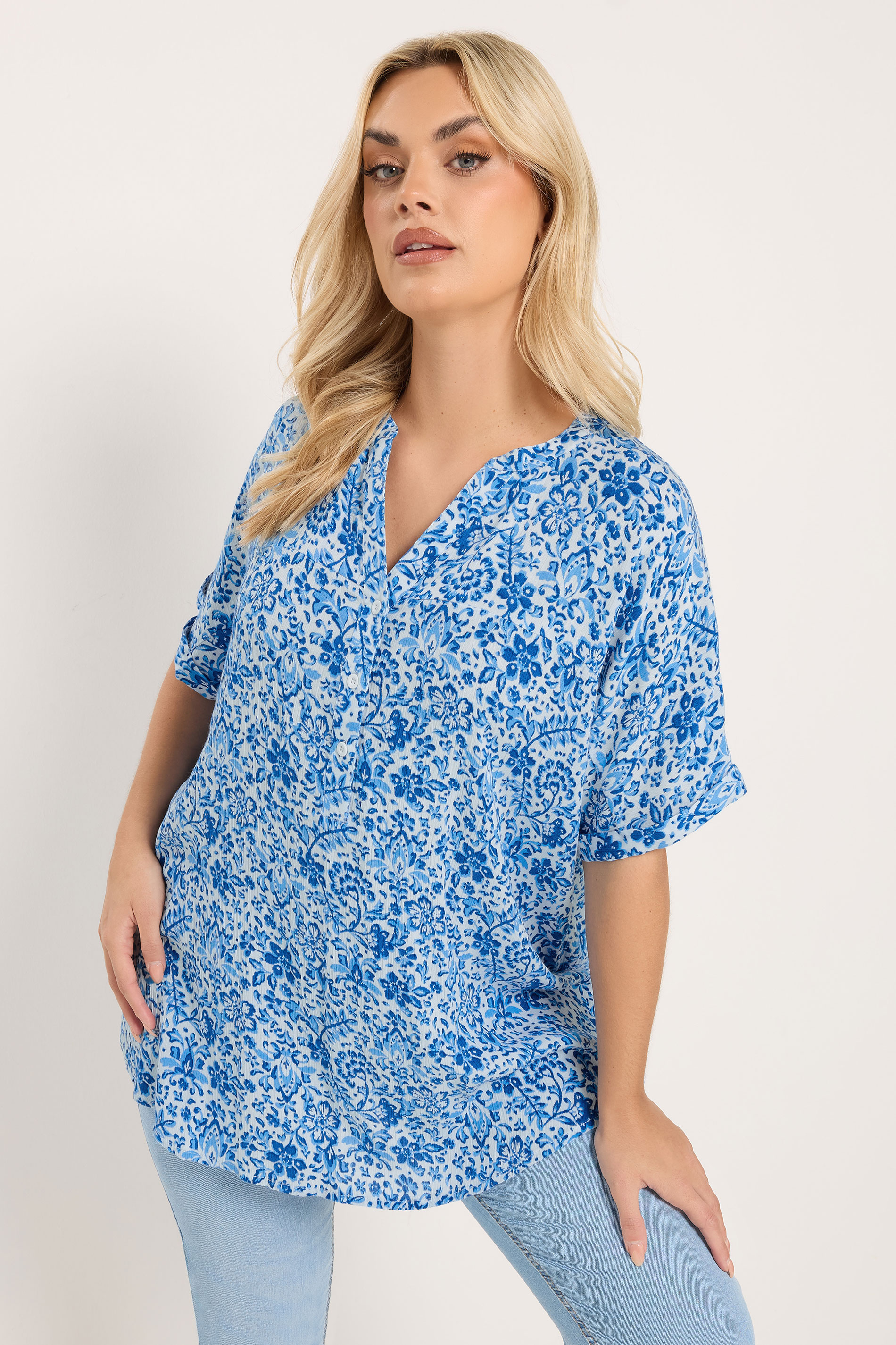 YOURS Plus Size Blue Crinkle Floral Notch Neck Top | Yours Clothing 3