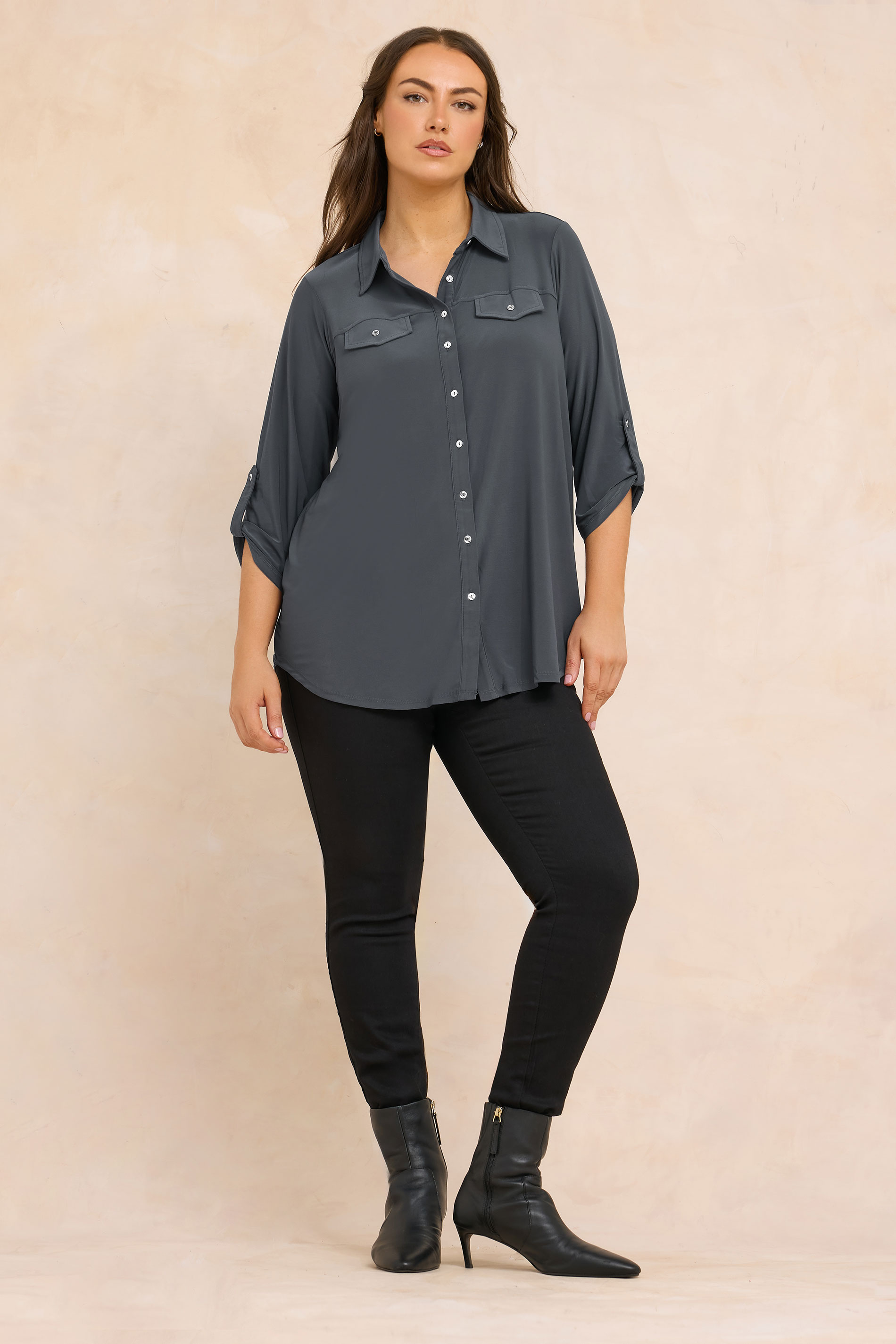 EVANS Plus Size Charcoal Grey Tab Sleeve Blouse | Evans 1