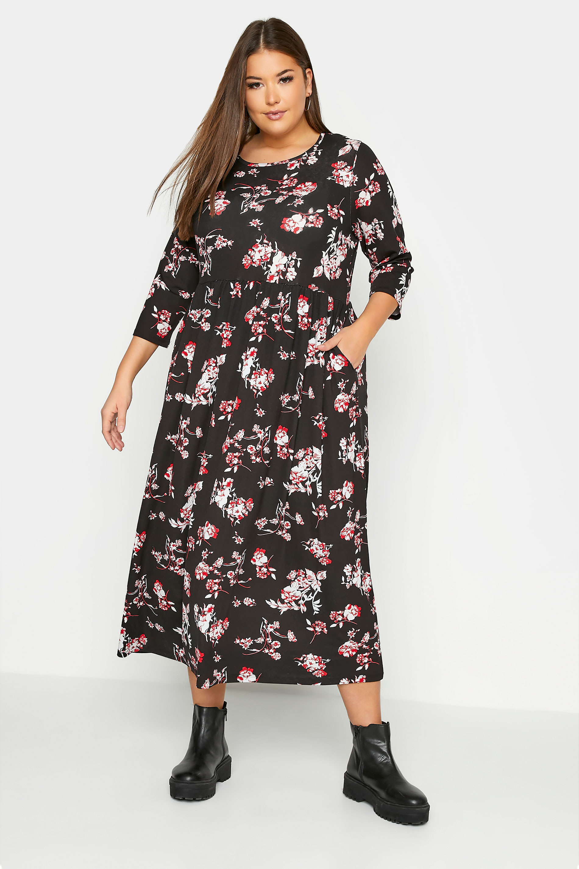 Plus Size Black Floral Print Pocket Dress | Yours Clothing 1
